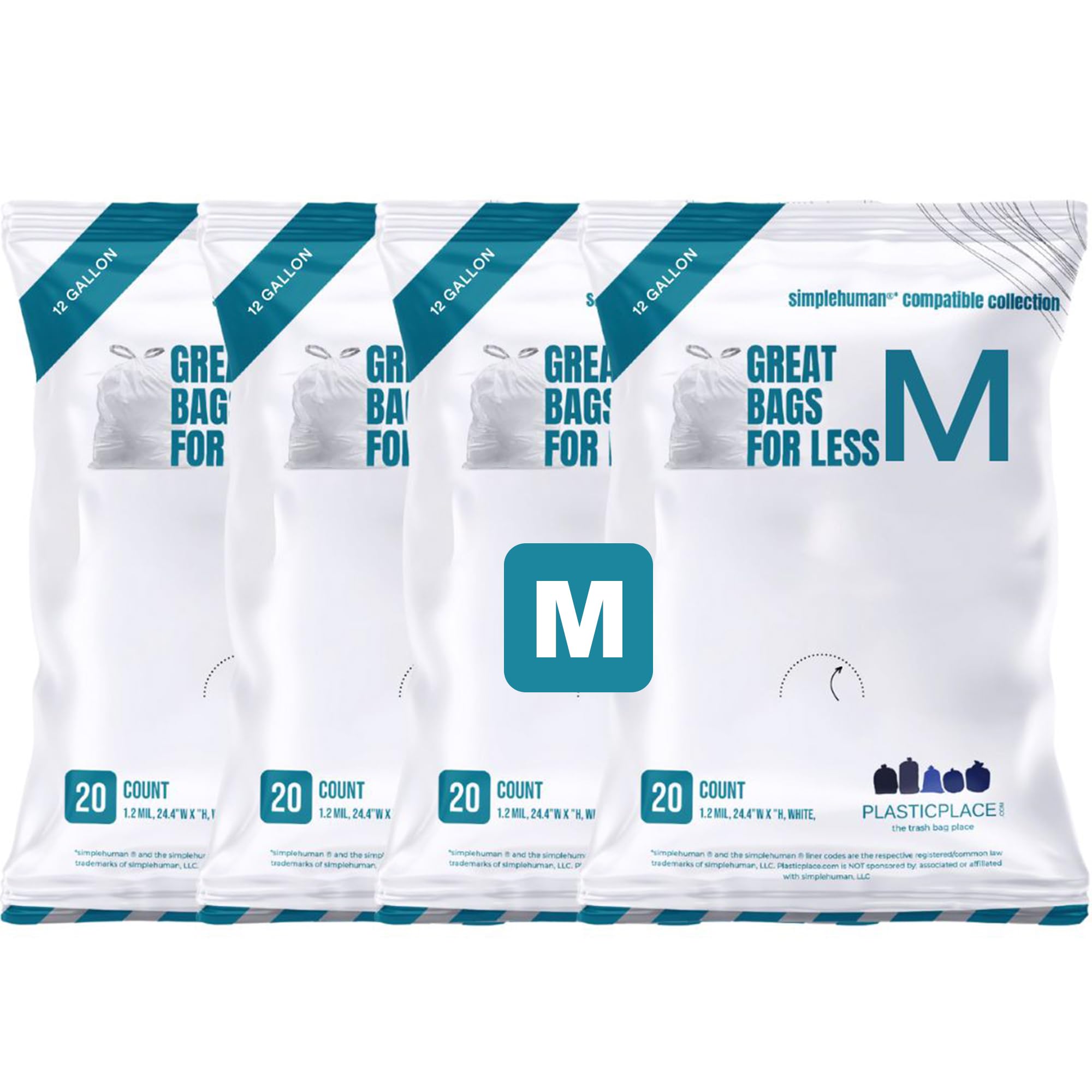 Plasticplace Rubbish Bags Compatible for Code M Packs │White Drawstring Rubbish Liners 12 Gallon / 45 Liter │ 21.5" x 30.75" (20 Count/5 Pack)