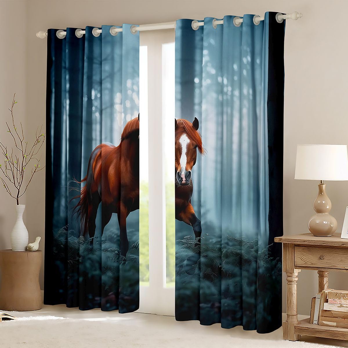 Loussiesd Blue Brown Horse - Trattamenti per finestre, 2 pannelli W46*L54