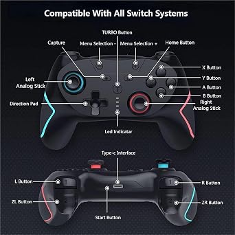 Matbip Switch pro controller, Wireless Switch Controller Compatible with Switch/Lite/OLED, switch controller with 2 back buttons, 3-level TURBO adjustable, blue&red