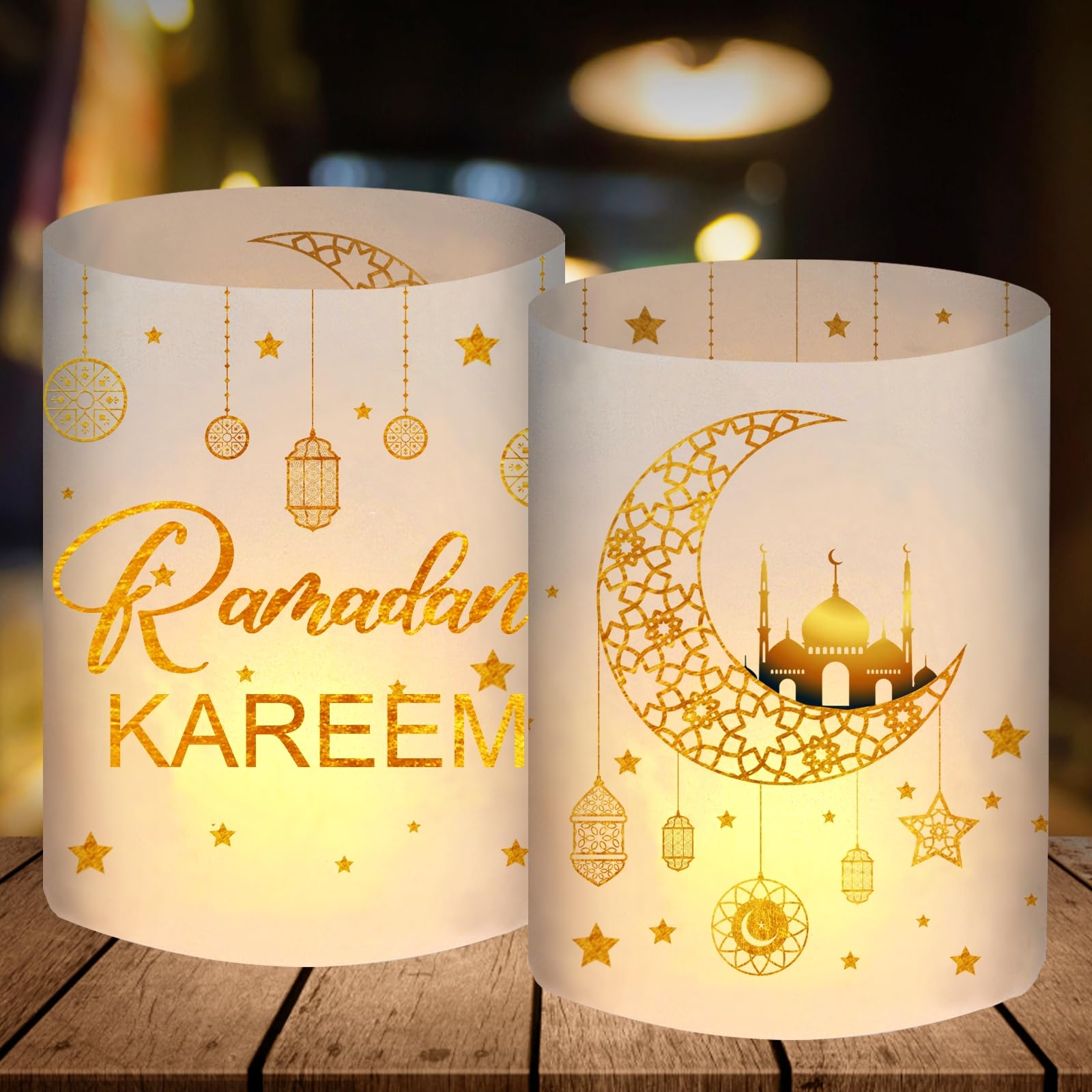 12 Windlicht Tischdeko, Ramadan Deko Set Gold, Ramadan Kareem Eid Umrah Mubarak Dekoration, Islam Deko Tisch, Ramazan Dekor Kinder, Ramadan Islamische Geschenke Zubehör, für Teelichter Oder Kerzen
