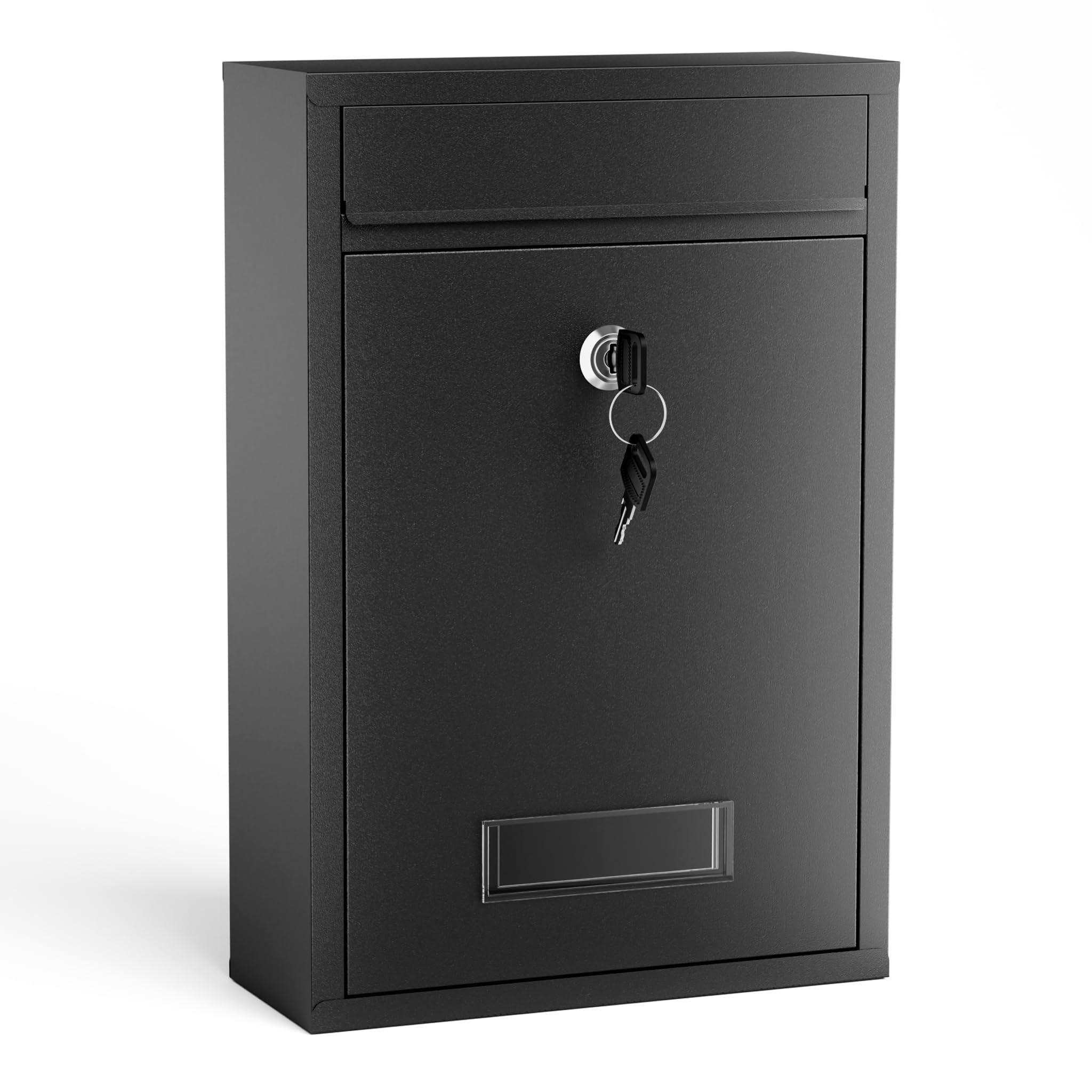 Wiltec Briefkasten schwarz V11 Postkasten mit Namensschild, großem Briefschlitz und 2 Schlüsseln Wandbriefkasten aus pulverbeschichtetem Stahl