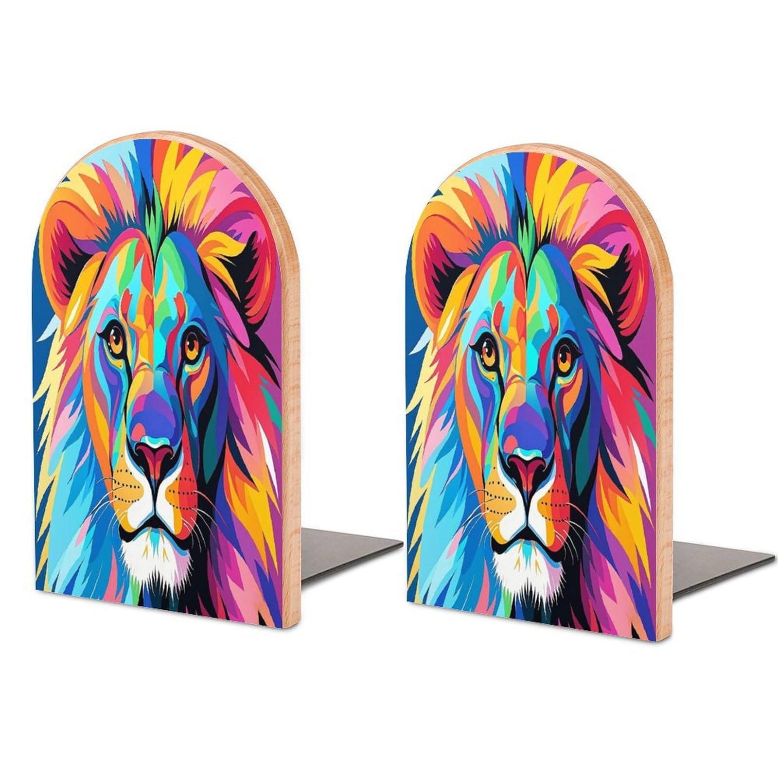 Colorful Lion Bookend Non-Skid Wooden Bookends for Shelves Heavy Duty Wood Book Ends Decorative Book Stopper Book Stand Non-Slip Book Organizer for Home Office Library