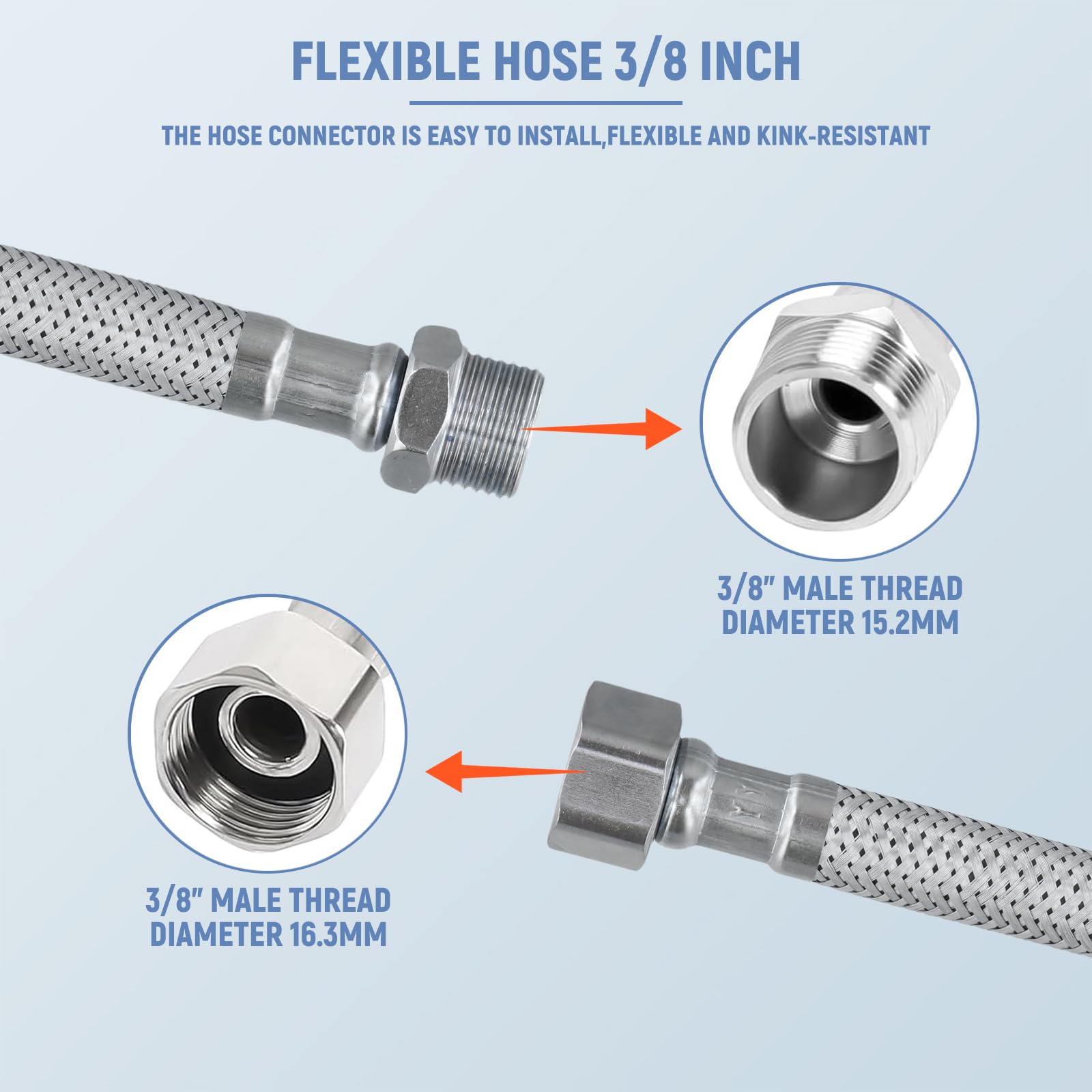 4 Pezzi Tubo Flessibile 3/8, Prolunga Flessibile con Intrecciatura in Acciaio Inox, con Raccordo Filettatura Esterna, Tubo Corazzato flessibile 3/8" per Cucina Bagno Miscelatore 20 CM/10 CM