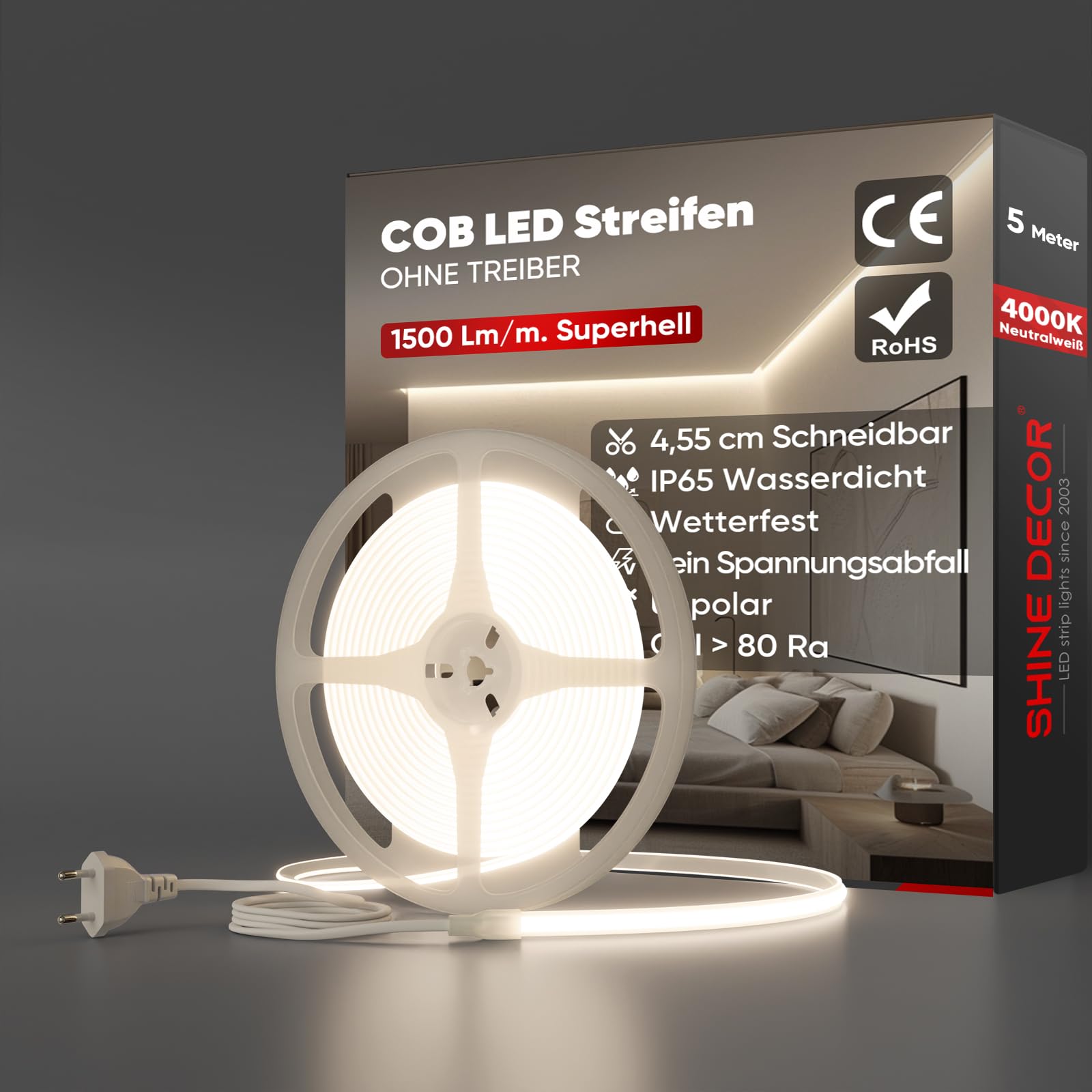 Shine Decor Striscia LED COB da 5 m, AC 220 V, 230 V, IP65, impermeabile, SMD2025, 286 LED/m, luminosità ultra alta, per cucina, giardino, illuminazione a LED (5 m, bianco neutro, certificazione CE)