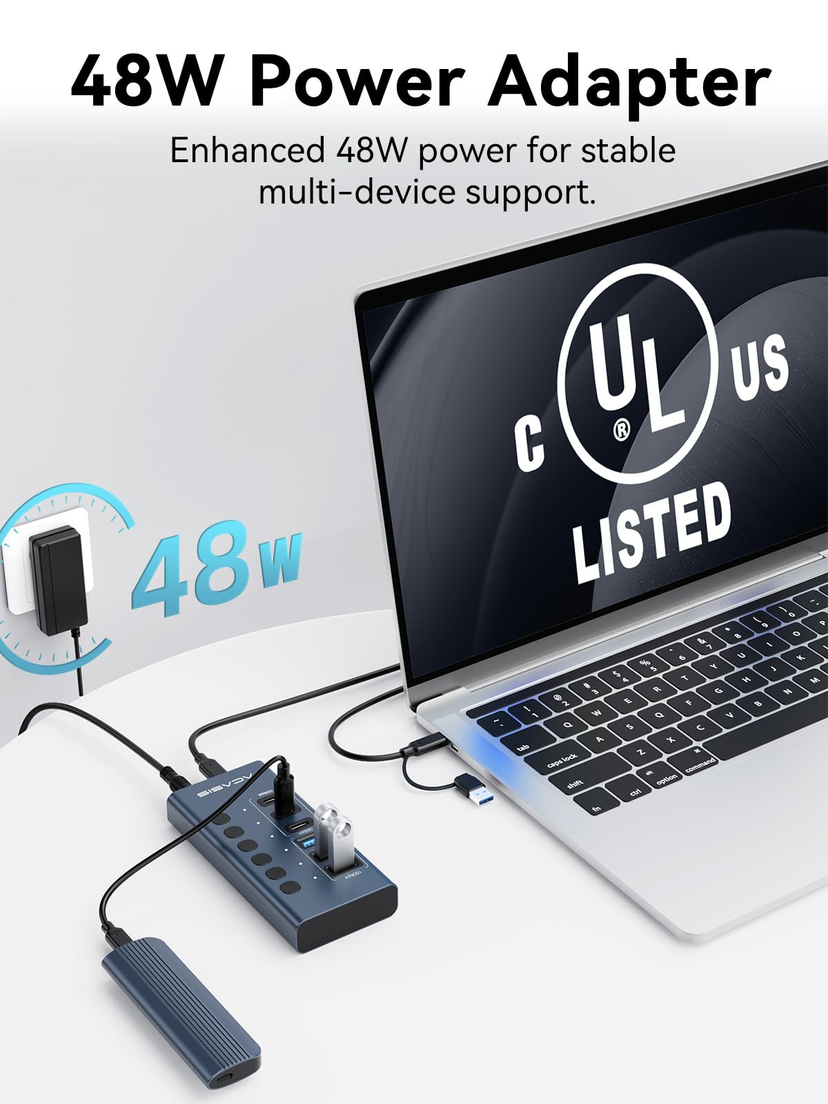 Hub USB 3.2 alimentado, ACASIS 6 puertos USB 3.2 (3 puertos USB-A 3.2 + 3 puertos USB-C 3.2), concentrador USB de aluminio alimentado con adaptador de corriente de 48 W, concentrador USB para PC