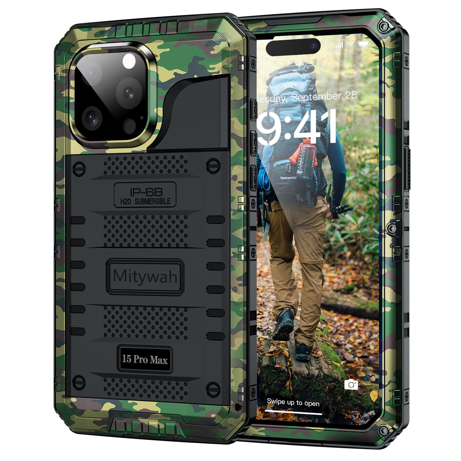 Mitywah Wateproof - Funda para iPhone 15 Pro MAX, Grado Militar, a Prueba de Golpes, para Senderismo y Escalada al Aire Libre, protección Completa de Metal Resistente con Protector de Pantalla