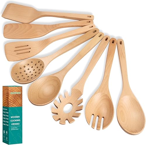 Cucharas de madera para cocinar, juego de utensilios de cocina de madera de haya, utensilios de cocina de madera hechos a mano de primera calidad
