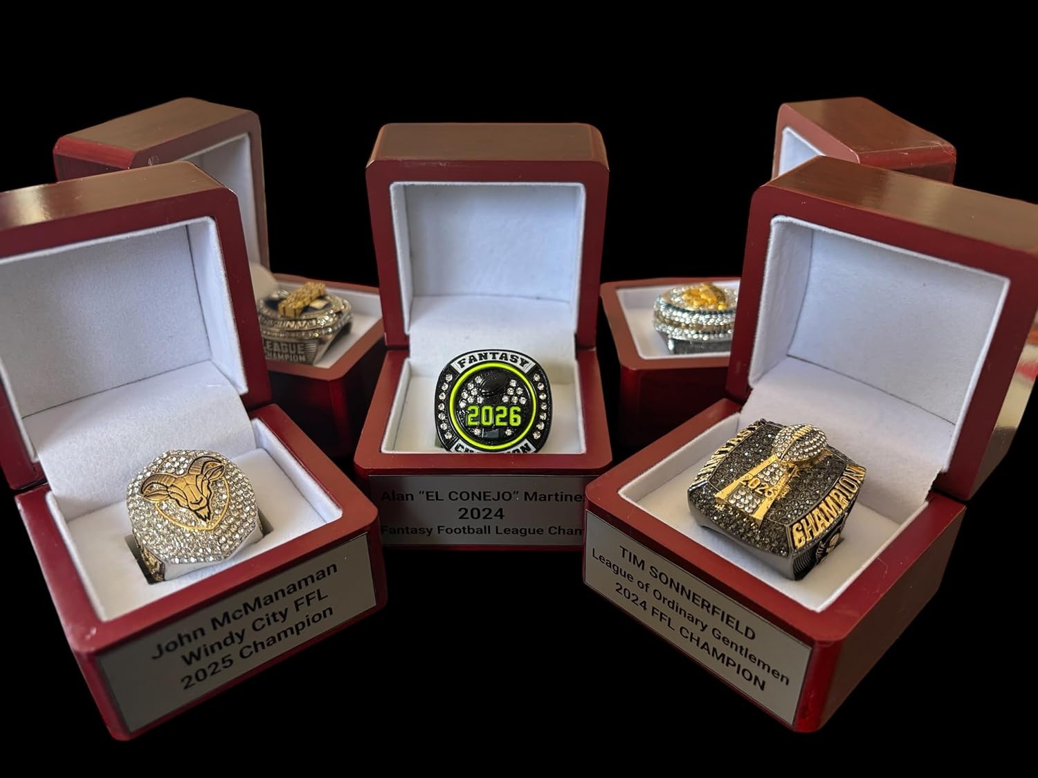 Legacy Rings 2025 Fantasy Football Championship Ring Display Case | Ring Included | Faux Wood Display Case Fantasy Ring | Custom Name Customizable Trophy Award for League Champion