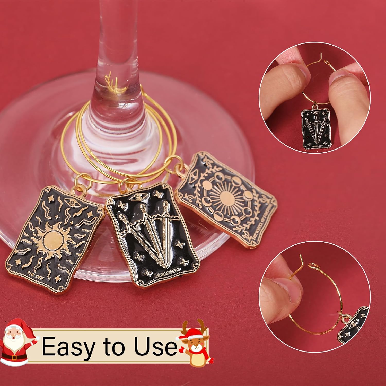 CHGCRAFT 10Pcs Tarot Wine Charm Tarot Alloy Enamel Charms Wine Glass Charm with Brass Glass Charms Ring for Party Decorations