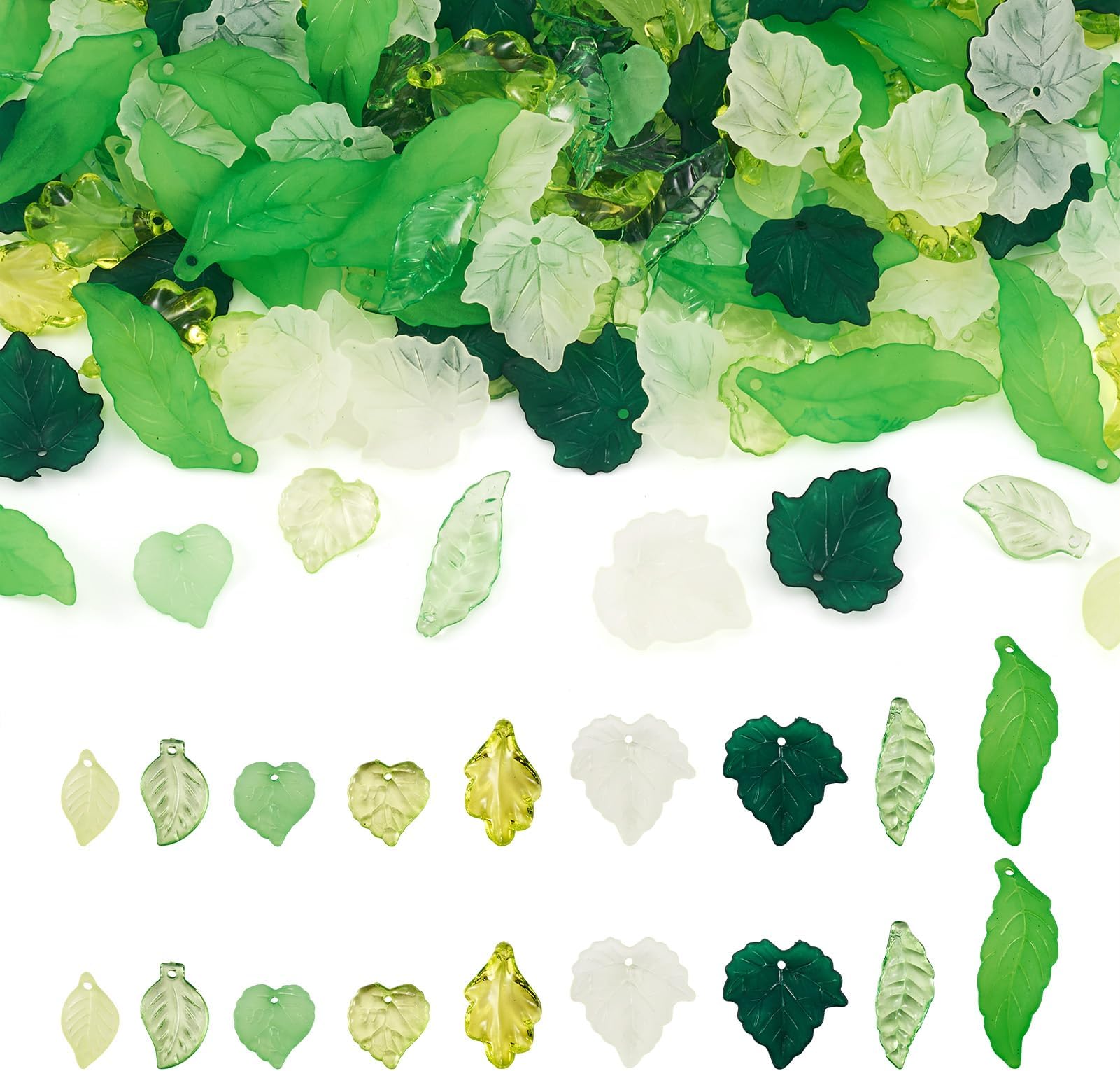 270pc Green Acrylic Leaf Bead Charms Transparent Frosted Maple Leaves Pendants with Loop for Earring Necklaces Jewelry Craft Making