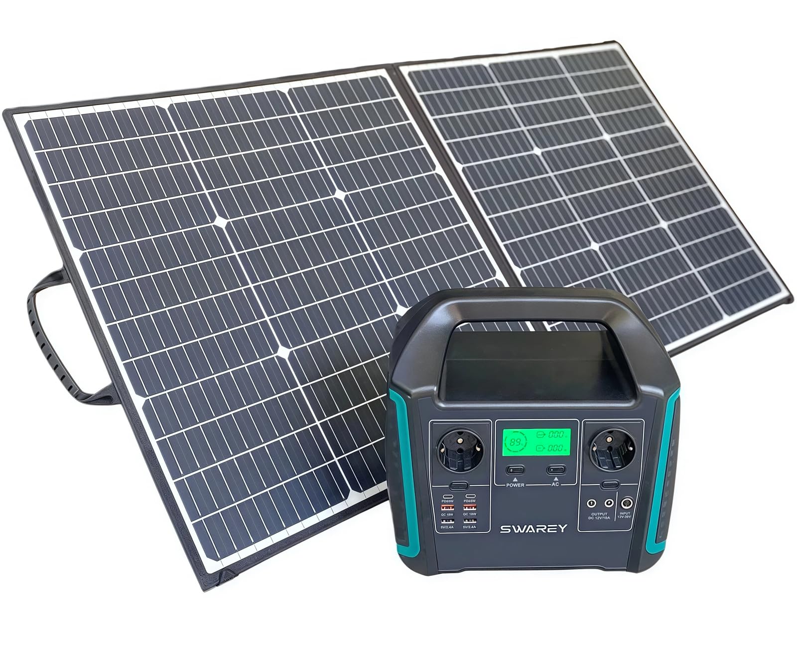 Station d’énergie portable SWAREY S1000 1000W + Panneau Solaire 100W, Capacité 725,76Wh, Recharge Secteur/Véhicule/Solaire, Onde Sinusoïdale Pure, Multiples Ports PD/QC3.0 pour Camping Van Urgence