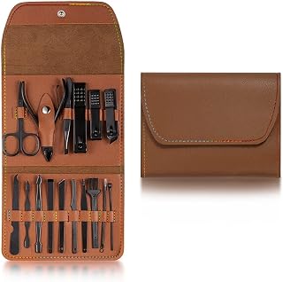 HAZELS Juego de tijeras de pedicura profesional de 7-23 piezas de acero inoxidable con gancho de águila de manicura portátil para cortaúñas (color : 16 piezas marrón oscuro)
