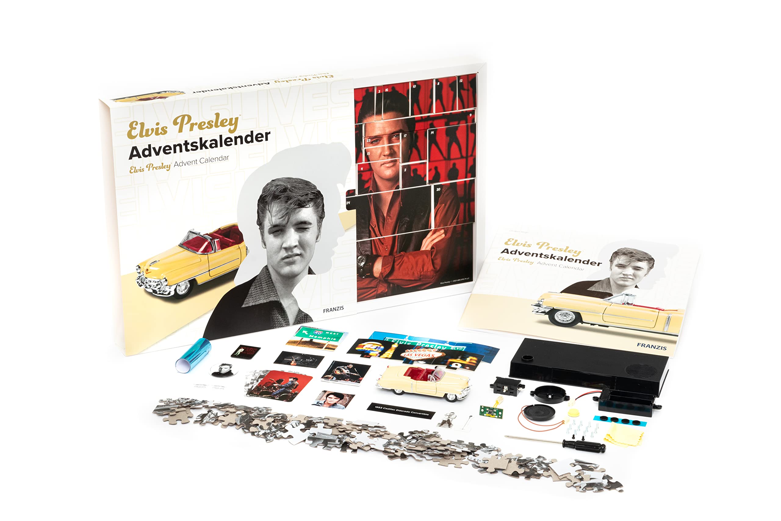 FRANZIS 55120 - Elvis Presley Adventskalender, Cadillac Eldorado Metallmodell im Maßstab 1:37, inkl. Soundmodul und 52-seitigem Begleitbuch