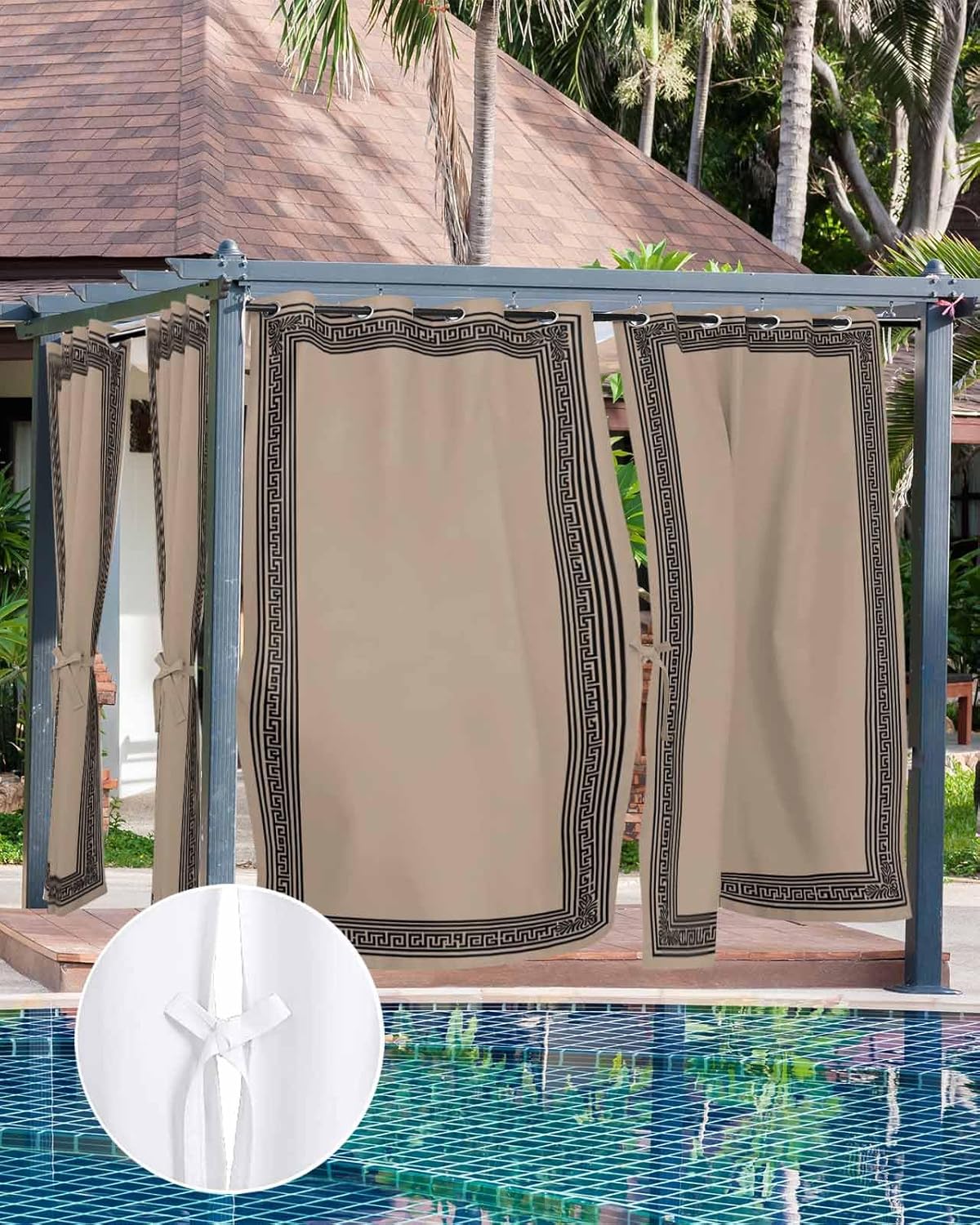 Outdoor Curtains for Patio, Black Brown Greek Key Waterproof Blackout Outside Curtain for Porch/Pergola/Gazebo, Geometric Greece Ancient Farmhouse Geo Thermal Insulated Drapes, 2 Panels, 54 x 84 Inch