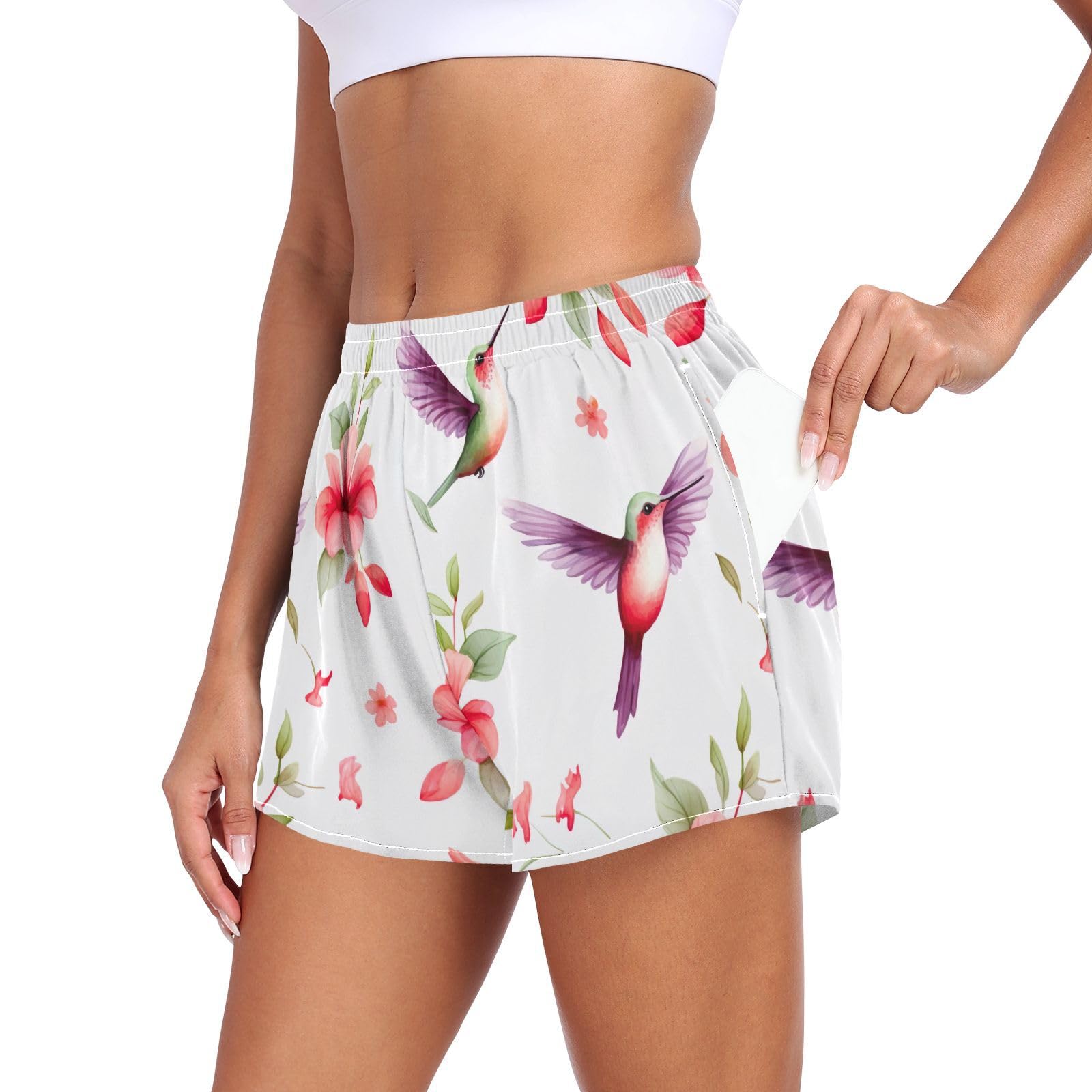 UMIRIKO Hummingbirds Bird Flower Spring Women's Running Shorts with Pockets Sporty Workout Quick Dry Athletic Shorts L 202b3058