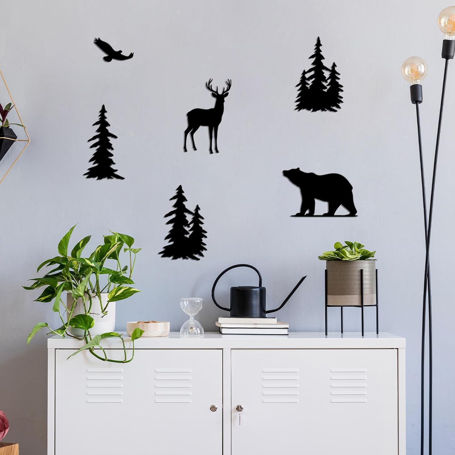 Oubasa 6 Pieces Metal Wall Art Deer Bear Pine Tree Wall Decor Hanging Forest Decor Rustic Cut Metal Art Wall Decor for Home Bedroom Office Outdoor Decorations