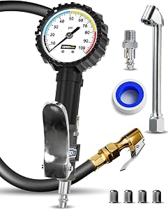 Tire Inflator with Pressure Gauge and Longer Hose - Most Accurate, Heavy Duty Air Chuck with Gauge for Air Compressor Tire Inflator Attachment - 100PSI