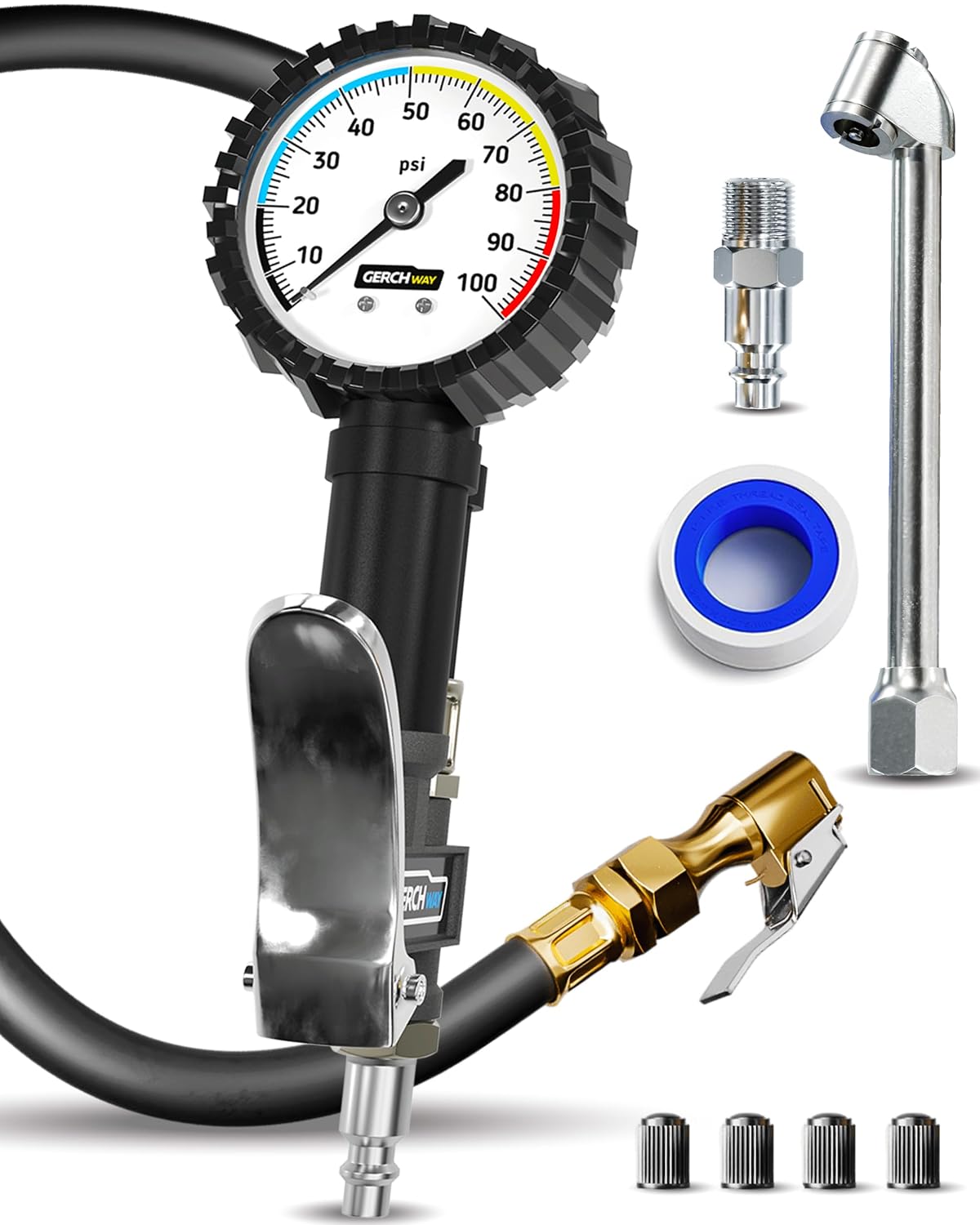 Tire Inflator with Pressure Gauge and Longer Hose - Most Accurate, Heavy Duty Air Chuck with Gauge for Air Compressor Tire Inflator Attachment - 100PSI