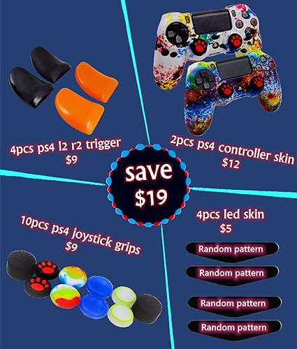 Miniatura 7 de Funda de silicona para controlador PS4, 2 fundas antideslizantes con 10 empuñaduras de joystick, 2 pares L2 R2, 4 piezas de barra de luz LED para