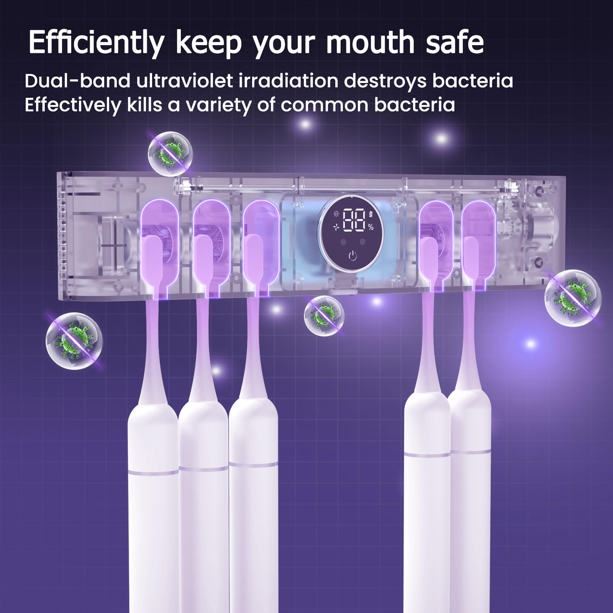 Soporte para cepillo de dientes múltiple montado en la pared para baño, recargable, limpieza y secado, tapa de apertura y cierre inteligente