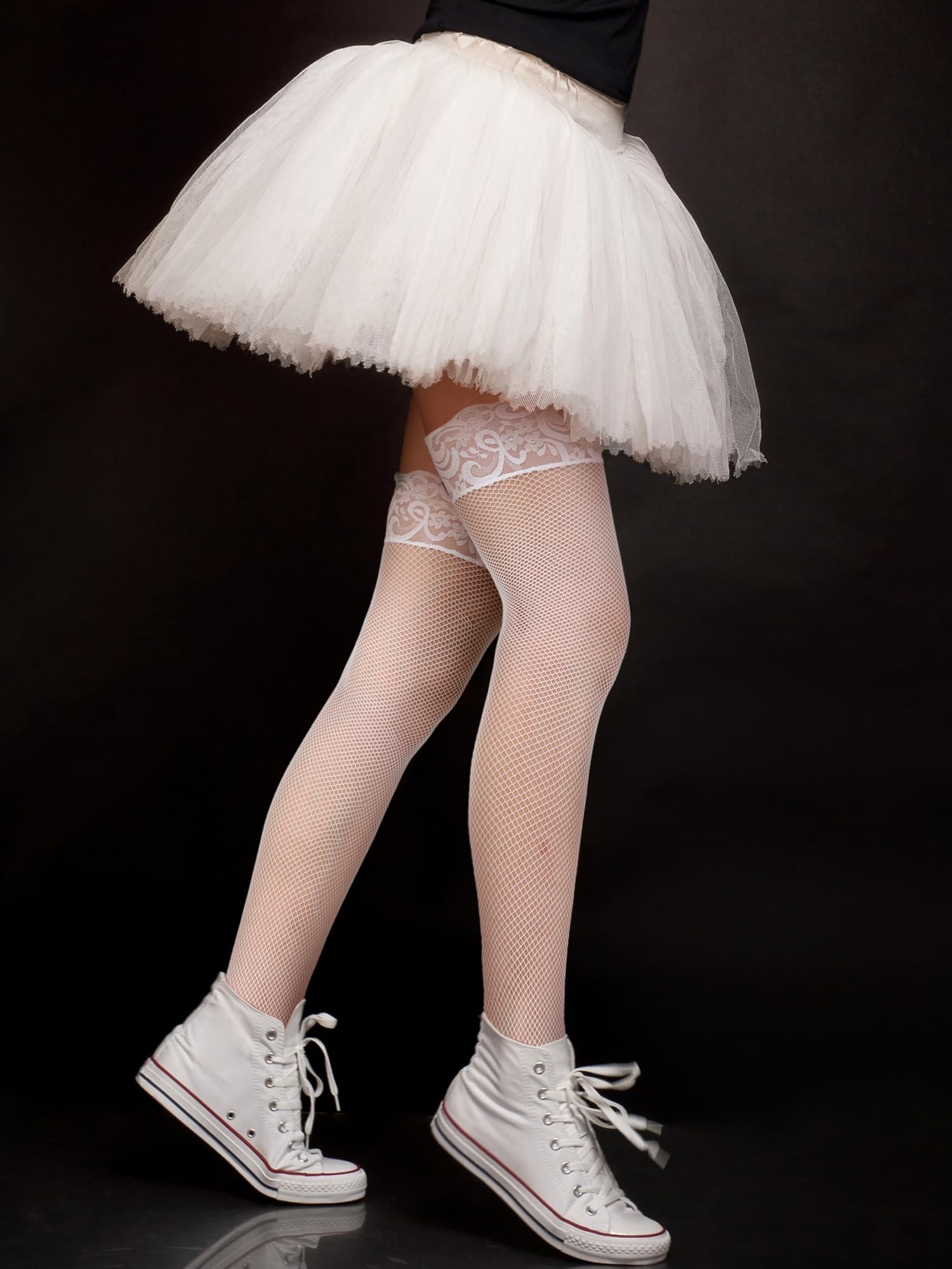 Bencailor 4 Pairs Fishnet Thigh High Stocking for Women Silicone Lace Top Sheer Over Knee Stockings: 4 White Small