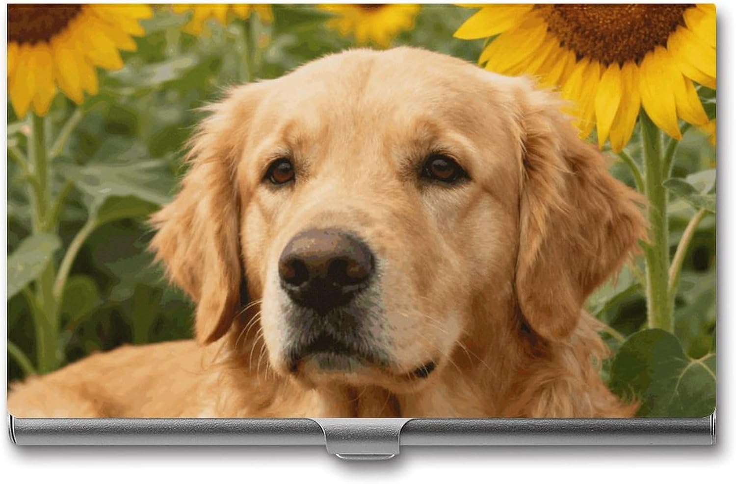 Golden Retriever Sunflower Business Card Holder for Men And Women Professional Slim Business Card Case Pocket Size Aluminum Alloy Metal Case for Business Cards, Fits 15-20 Cards