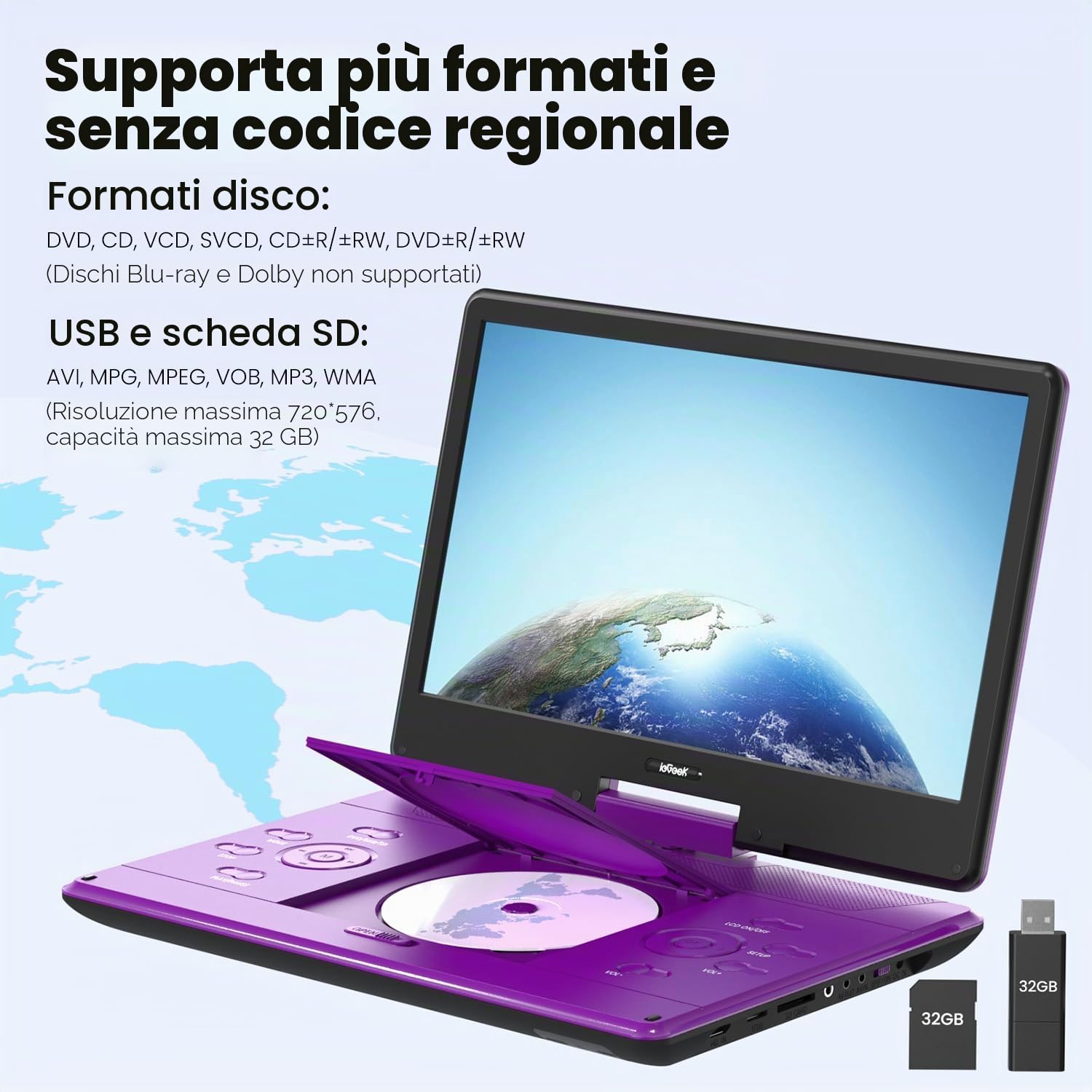 ieGeek Lettore DVD Portatile da 16 Pollici con Schermo Girevole da 14,1", Ingresso HDMI, Batteria Ricaricabile 6 Ore, Senza Regione, Riproduzione USB/SD per Anziani, Bambini e Viaggi