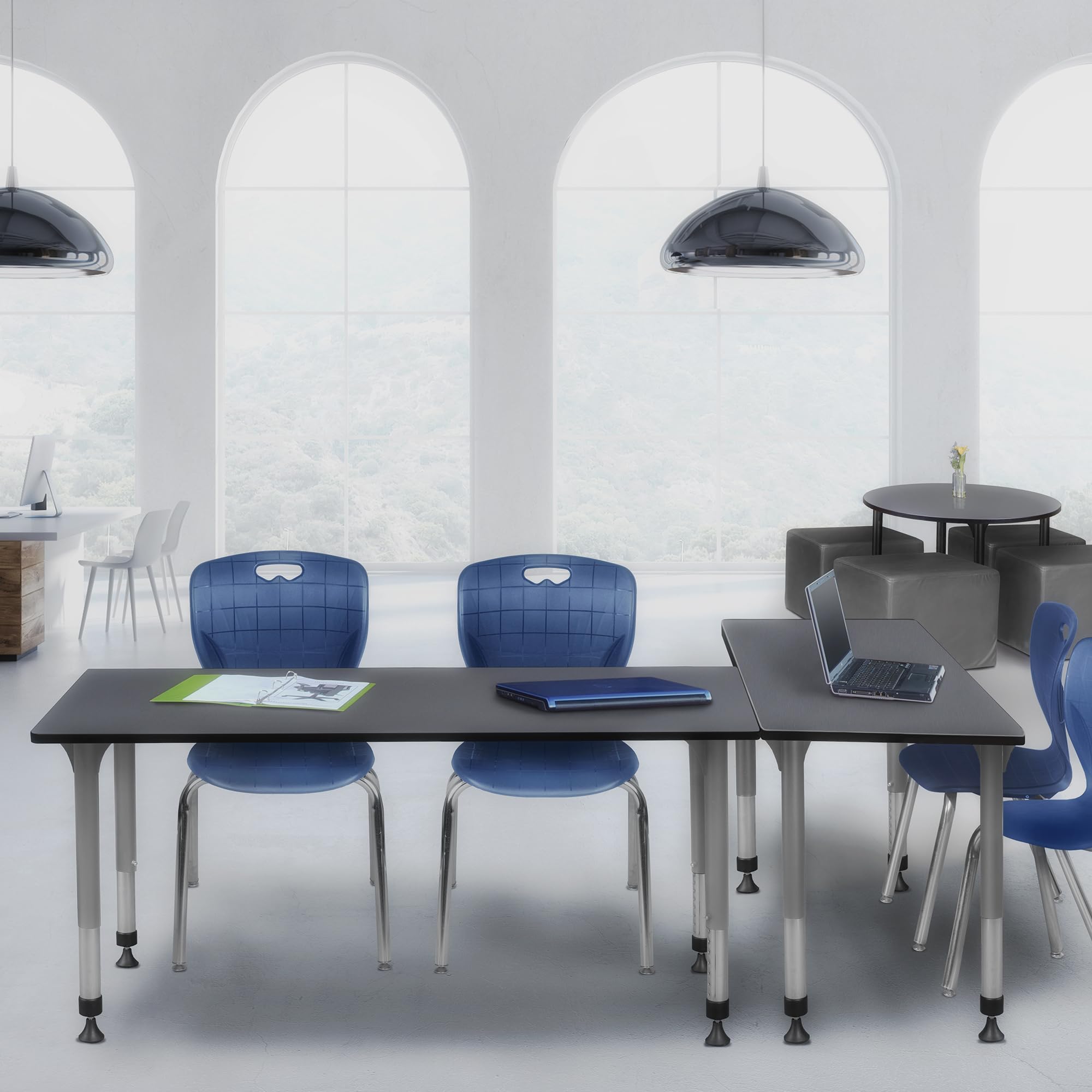 Romig Kee Classroom Activity Table & Chair Kit 6, 66 x 24, Chrome|Grey|Navy Blue