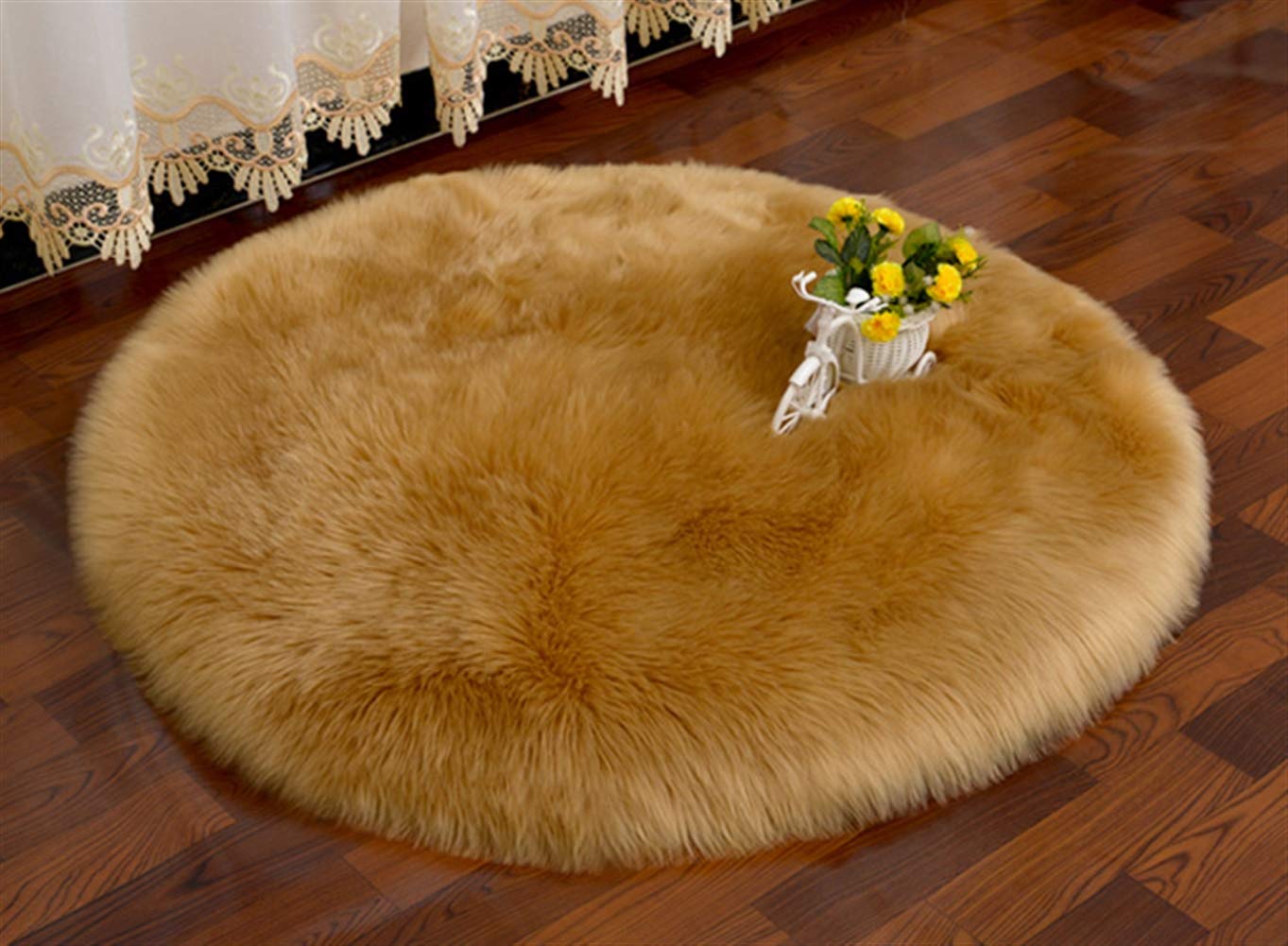Liveinu Alfombra Shaggy De Pelo Largo con Forma De Redondo Alfombra De Piel Sintética Alfombra De Piel Oveja Sintética Alfombra De Suelo para Salón Sala de Estar Diámetro:100cm Camello