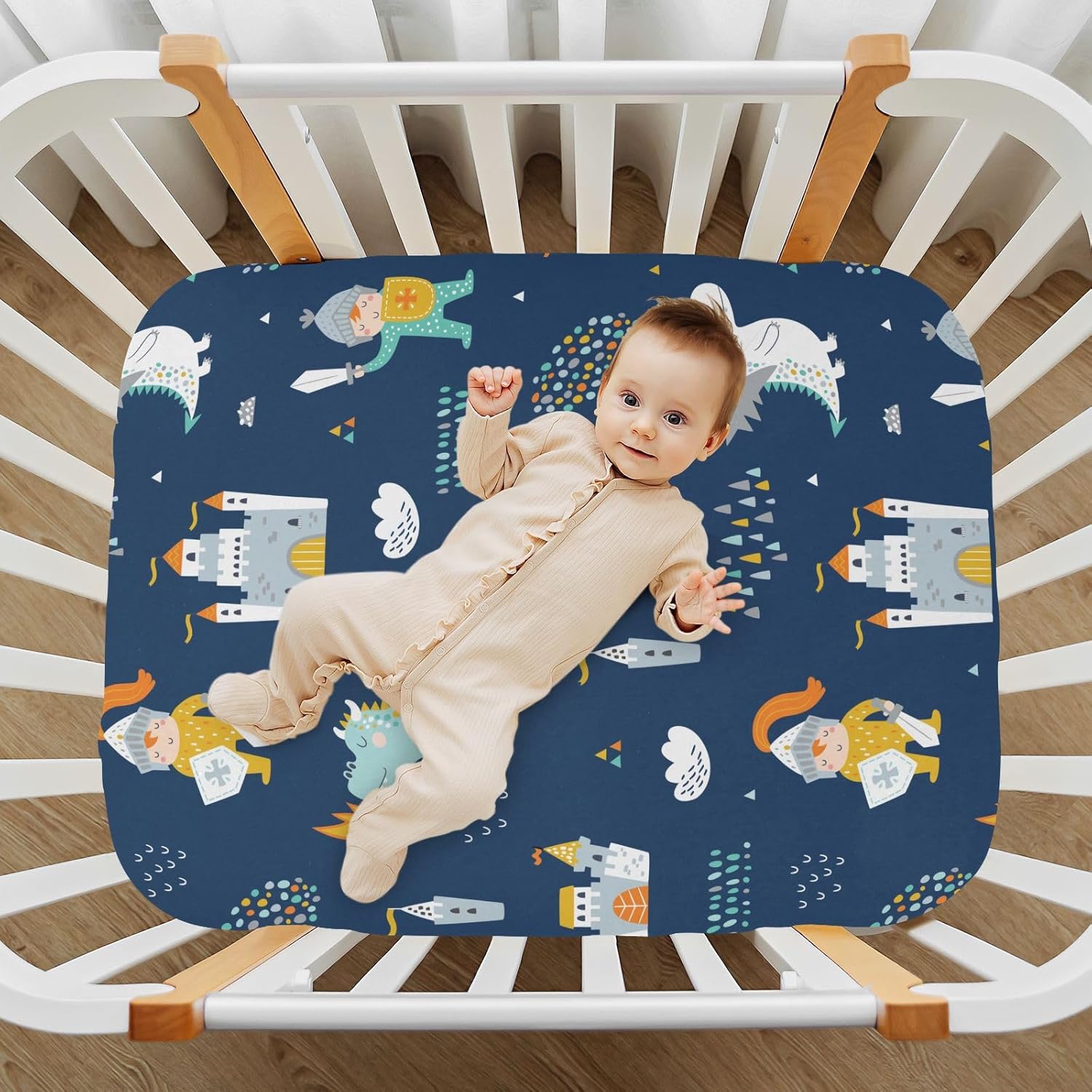 CaTaKu Cute Dragon Castle Mini Crib Sheets for Girls Boys Baby Mattress Sheets Fitted, Soft Toddler Nursery Bed Sheets Neutral 28"x 52"