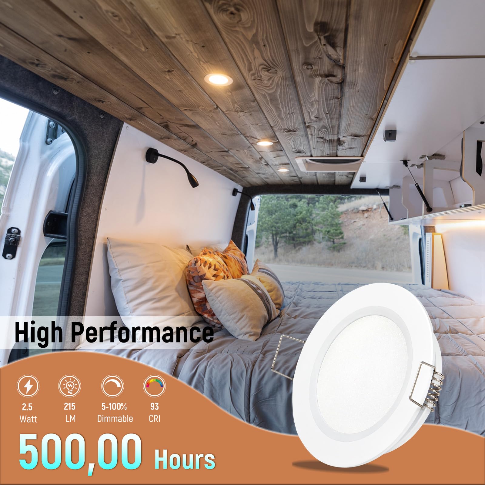 Spot LED Encastrable 12V 70mm CRI93 Aluminium Blanc 3000K pour Camping-Car Caravane Bateau Van