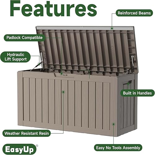 Vista 87 de EasyUp Caja de almacenamiento para exteriores de 230 galones, impermeable, resistente a los rayos UV, con varilla hidráulica, estabilidad reforzada