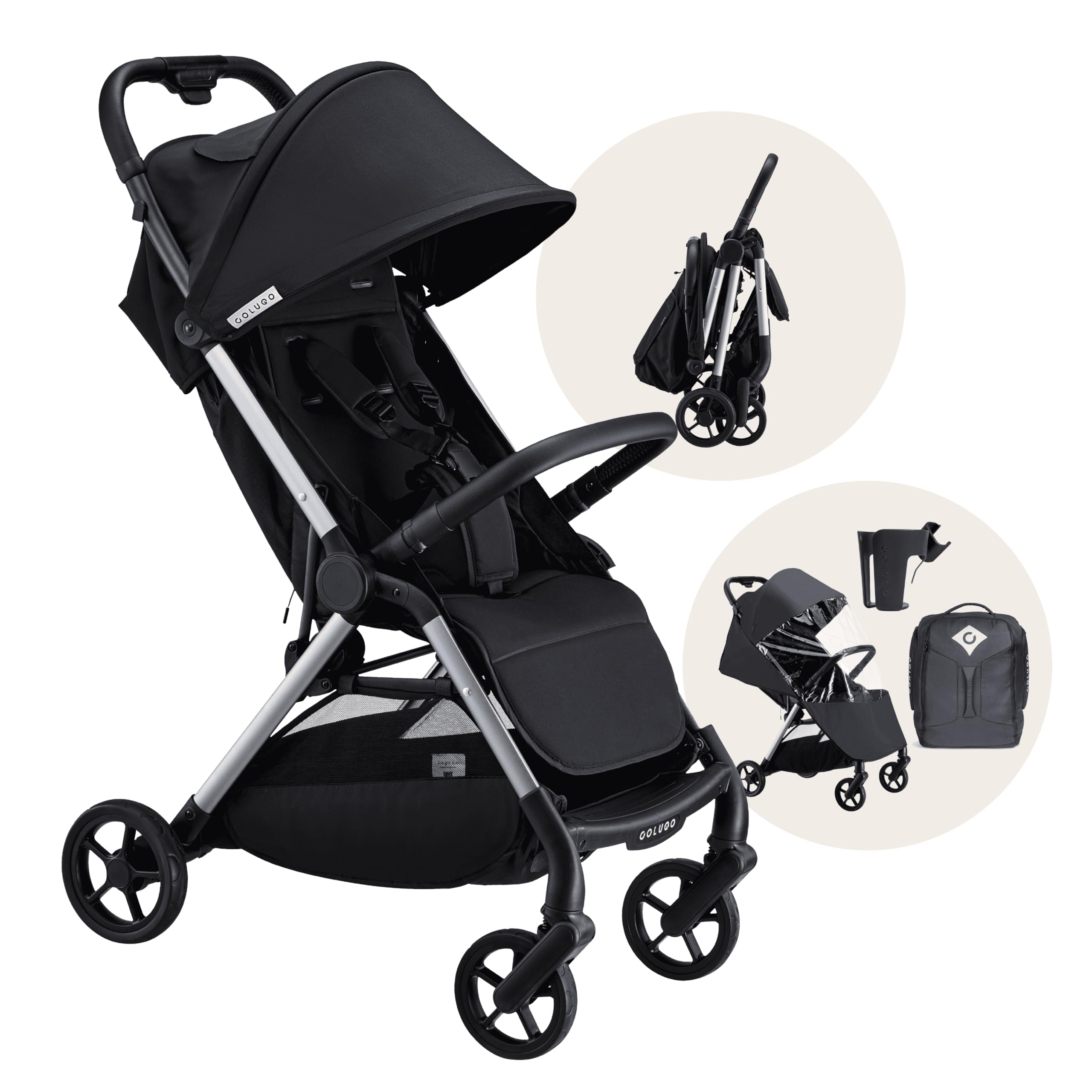 Colugo The One Stroller - Lightweight Easy Fold Compact Toddler and Baby Stroller for Travel, Large Storage Basket, One Hand Fold, Includes Raincover, Bumper Bar, Cupholder (Black)