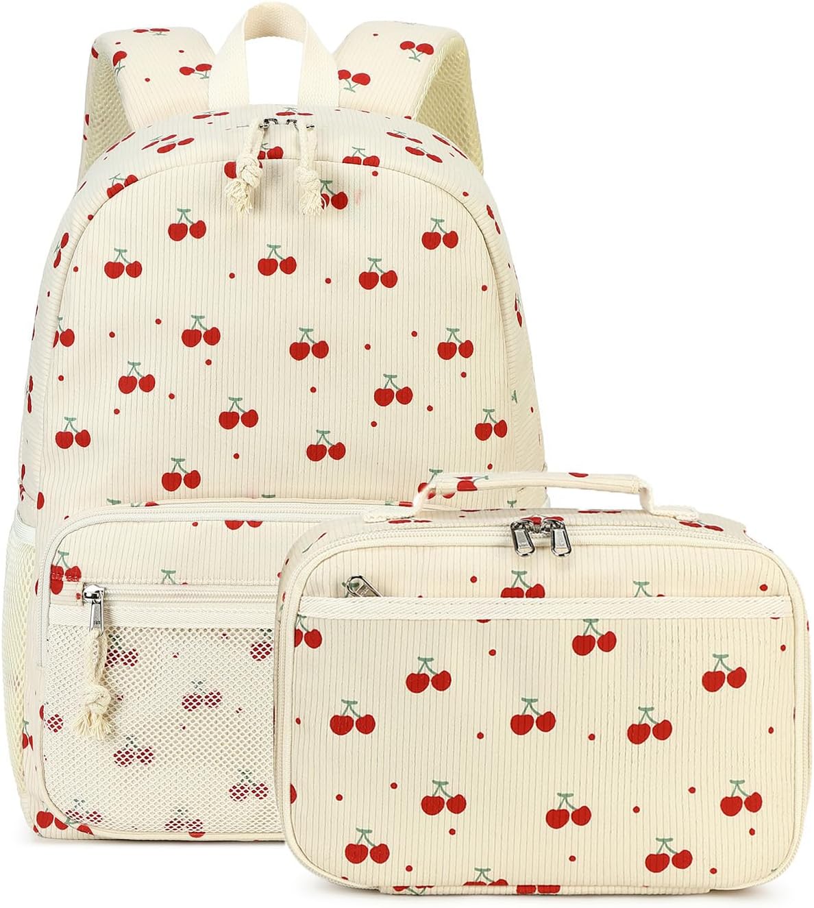 JIANYA Kids Backpack for Girls, Lightweight Kids Bookbag with Lunch Box, Elementary School Bag Set, Cherry Beige