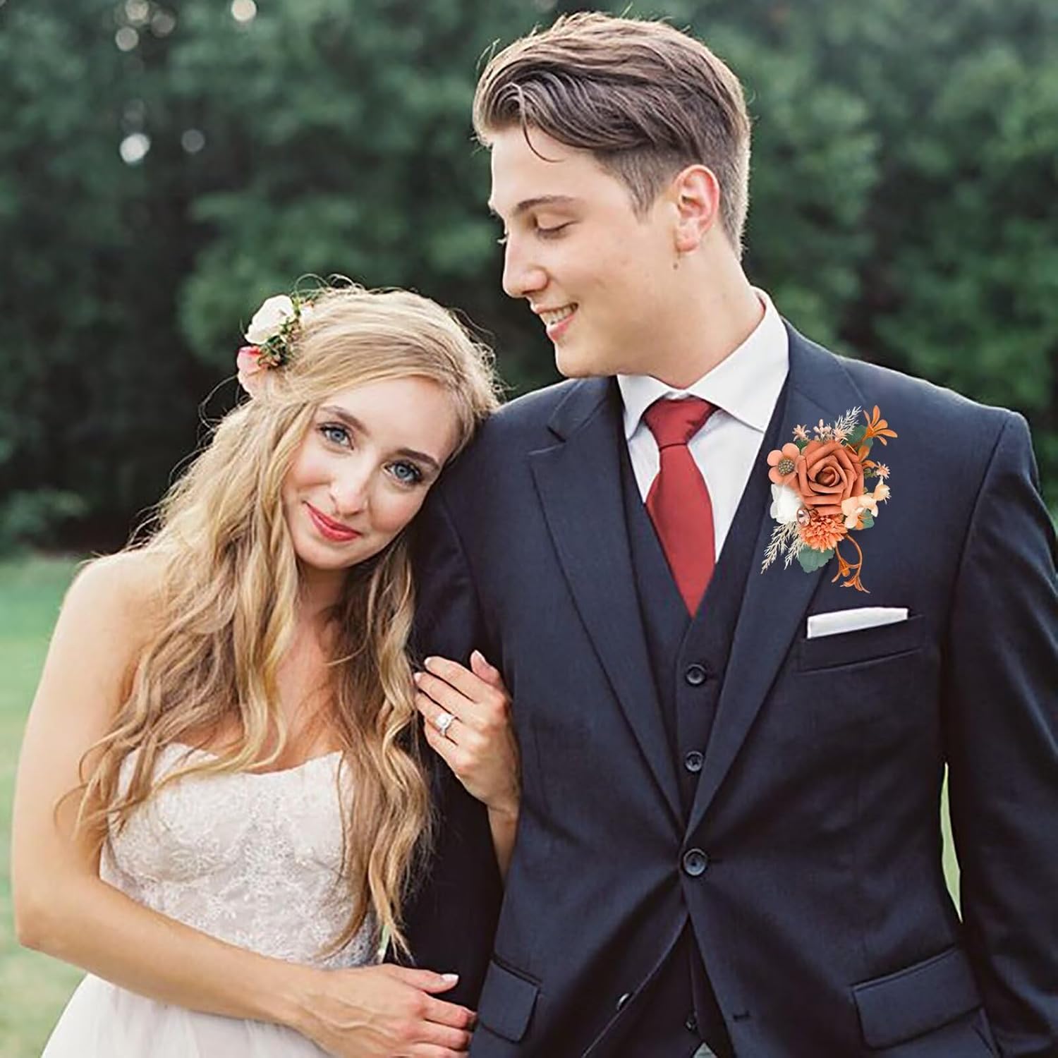 Boutonniere for Men, Groom and Groomsmen Pocket Boutonniere Terracotta Flowers Pocket Square Boutonnieres for Wedding Prom Party Graduation image 3