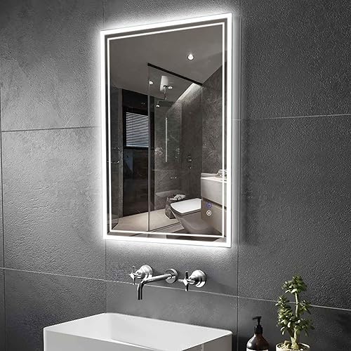 Miniatura 8 de Espejo de baño LED, 28 x 20 pulgadas, espejo de tocador iluminado frontal y retroiluminado, antiniebla, regulable, 3 colores CRI90, espejo LED