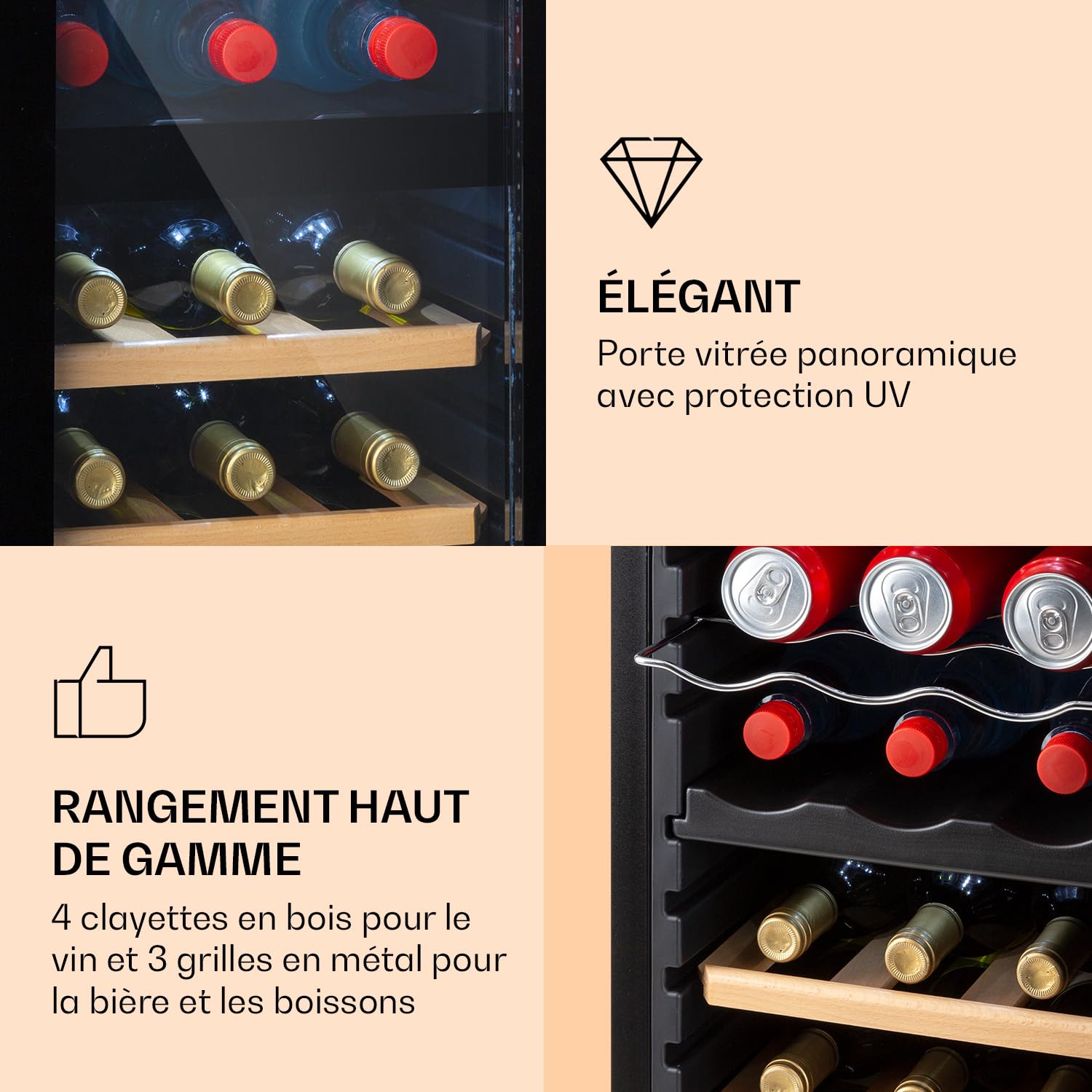 KLARSTEIN Bodega cave à vin deux zones porte vitrée 74 l 27 bouteilles noir