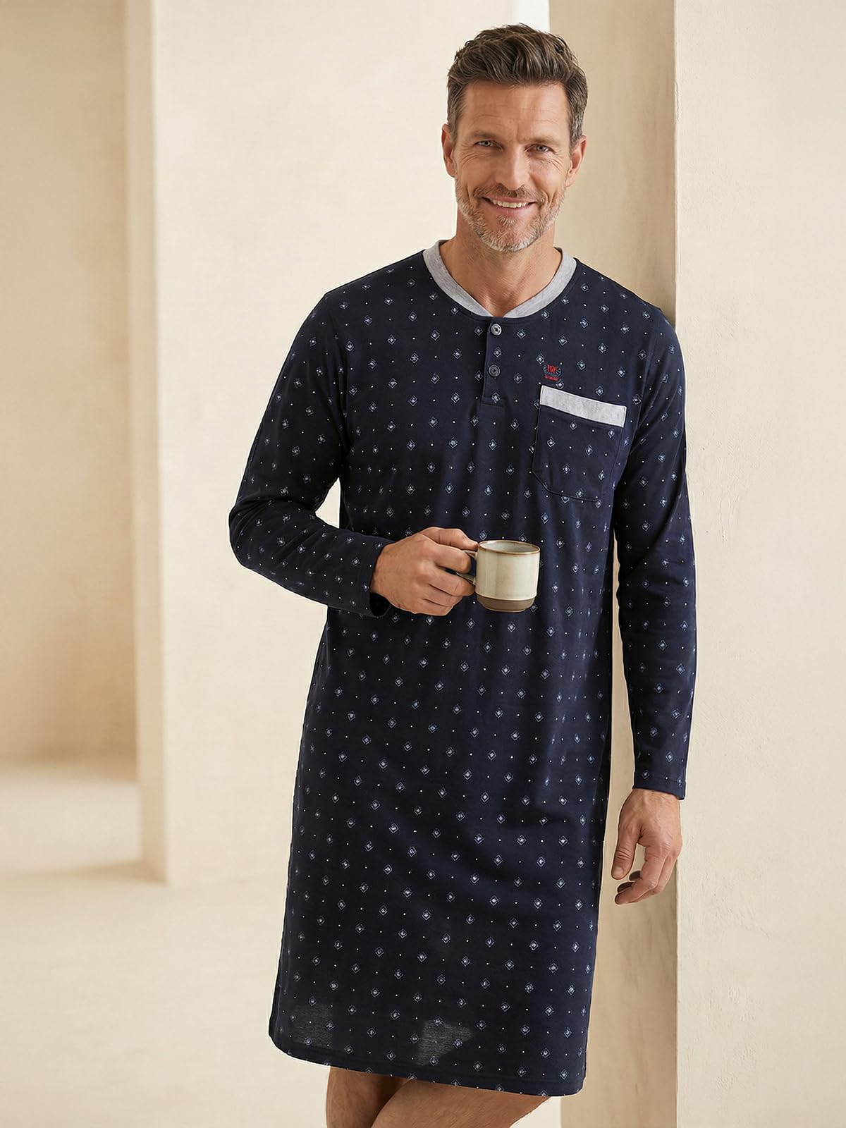 Chemise de nuit à manches longues pour homme avec poche poitrine Taille M à 3XL