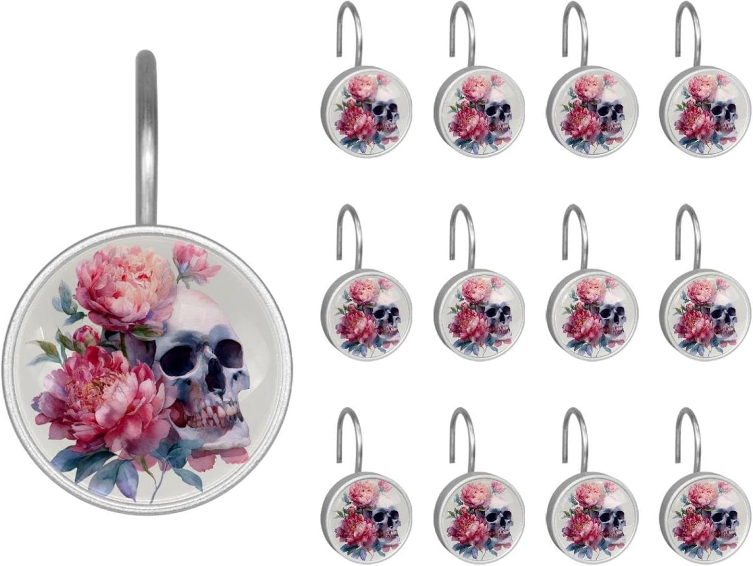 Watercolor Skull and Peonies Flowers (3) Rolling Shower Curtain Hooks,Clear Crystal Glass Art Decorative Stainless Bath Bathroom Set 12 Pcs