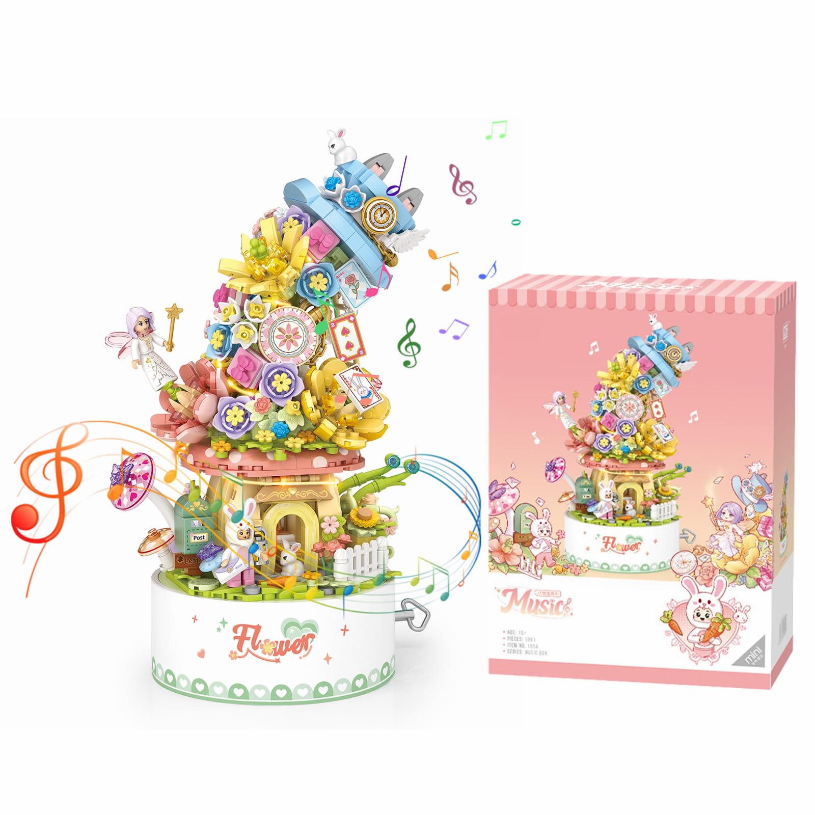 LOTOLO Falls Building Blocks Rotating Music Box Set,Candy Flower Bonsai Botanical Collection with Light,Home Decor (Flower)
