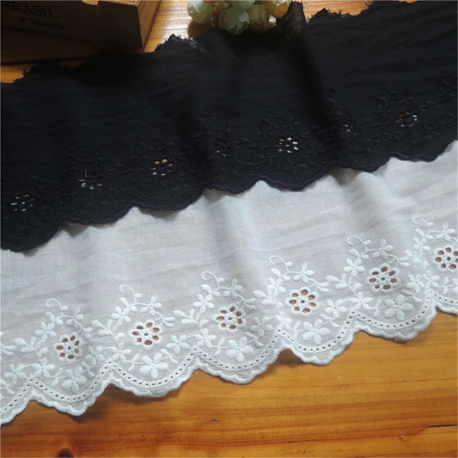 Cinta De Encaje De Algodón Con Ojales Tela de algodón con flores huecas 5 yardas, adorno encaje bordado, ropa 13CM, vestido, puños DIY, tela for escote(Beige apricot,14.5-15 Yards)