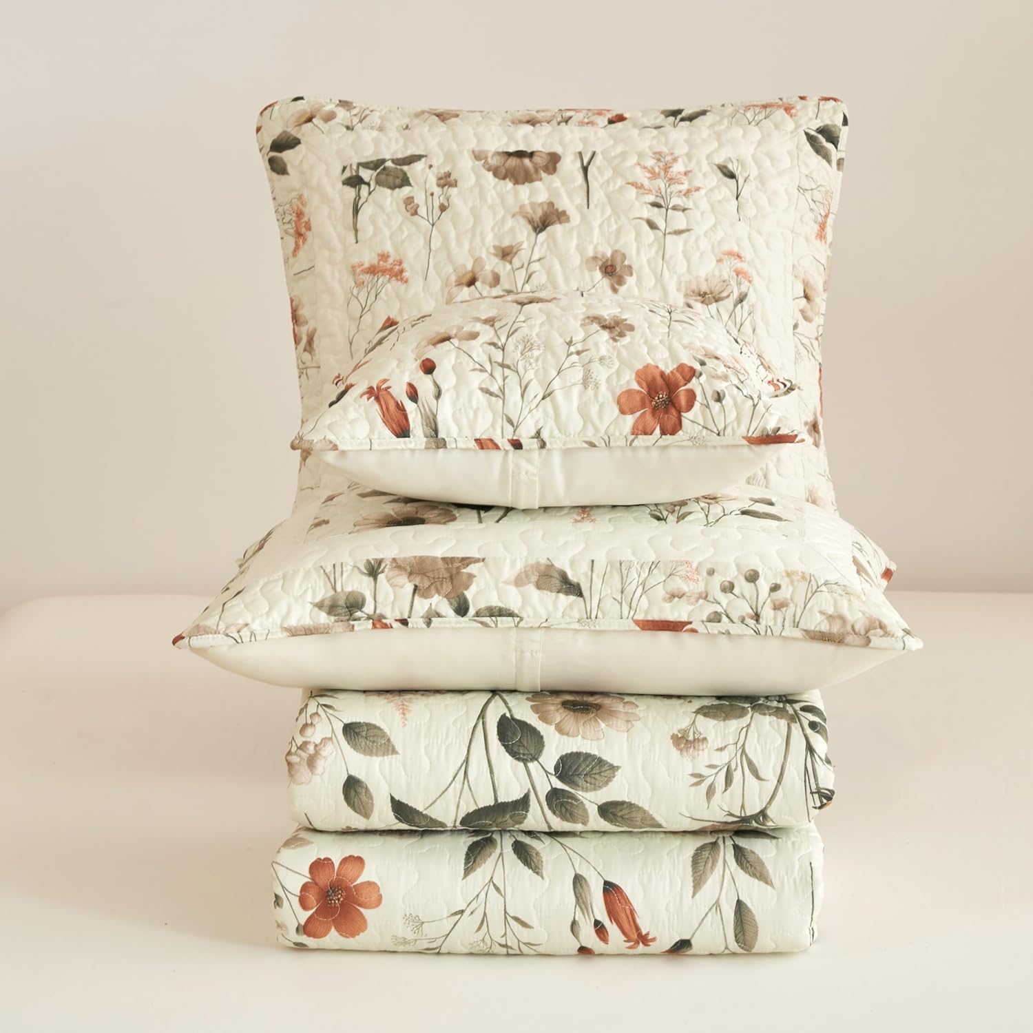 DaDalogy Enchanted Meadow 11-Pieces Bed in a Bag Set - Victoria Garden Delicate Floral Symphony in Beige, Rose, and Soft Green, Luxuriously Soft Quilted Complete Bedding Set - Full