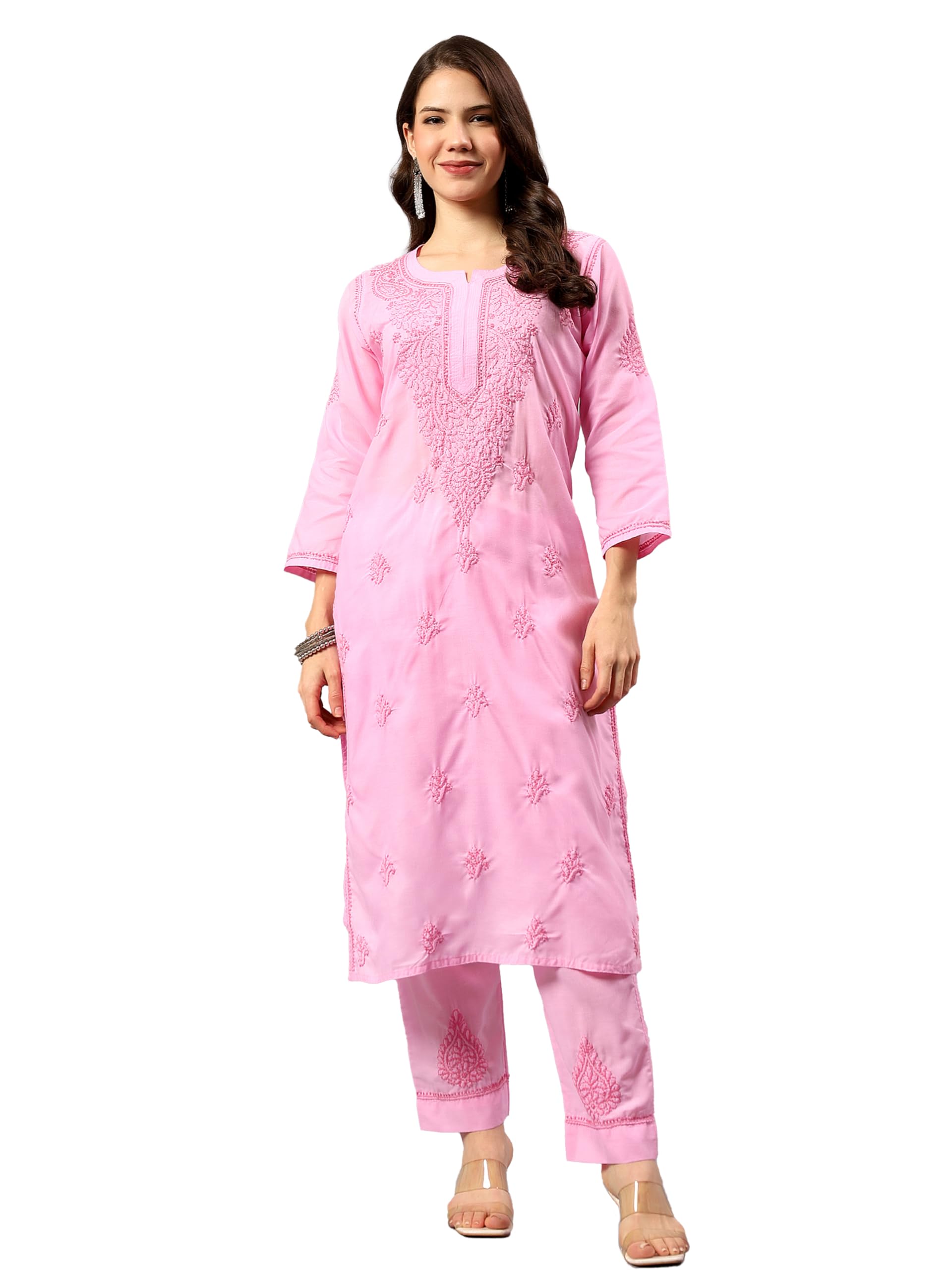 seva chikan Hand Embroidered Lucknowi Chikankari Terivoil Cotton Kurta & Palazzo Set for Women SCL8109-picture-45