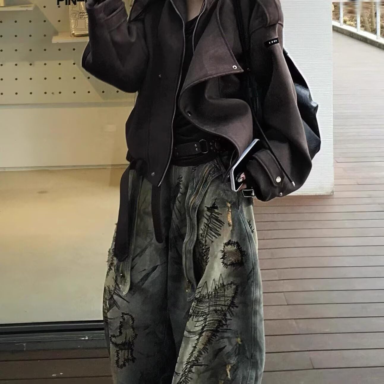 Womens Y2k Street Embroidered Denim Pants Oversized Retro Loose Casual Wide Leg Jeans