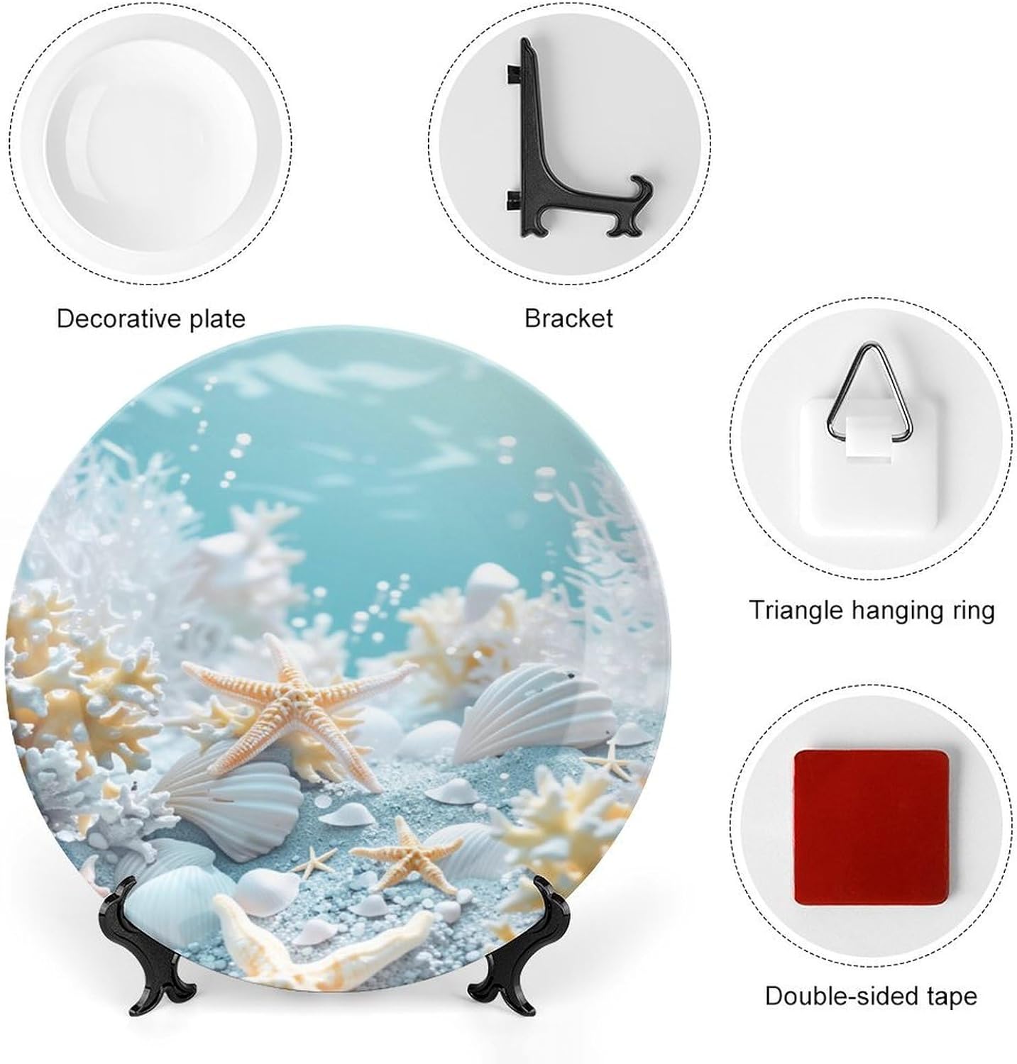 Coastal Ocean Bone China Decorative Plate with Stand & Wall Hook, 10inch Luxury Ceramic Art Dish, Round Hanging Ornament for Home Table Decor