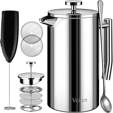 Veken French Press Coffee Tea Maker 34oz, 304 Stainless Steel Insulated Coffee Press with 4 Filter Screens Milk Frother, Rust-Free, Dishwasher Safe, Silver
