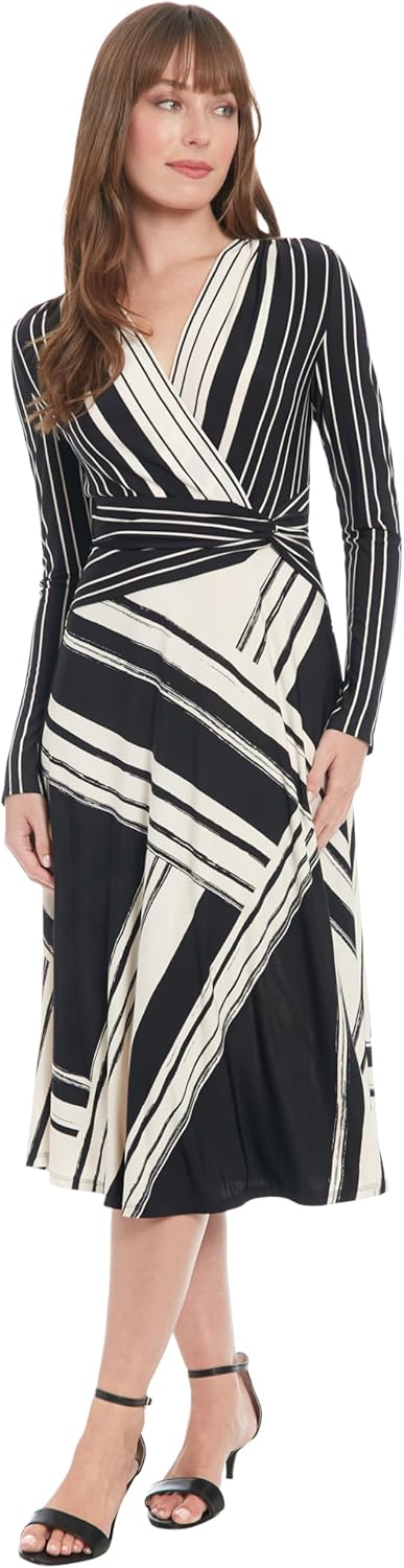 London Times Womens Women's Surplice V-Neck Long Sleeve Twist Waist - A-line Below Knee - Special Occasion Cocktail Dress