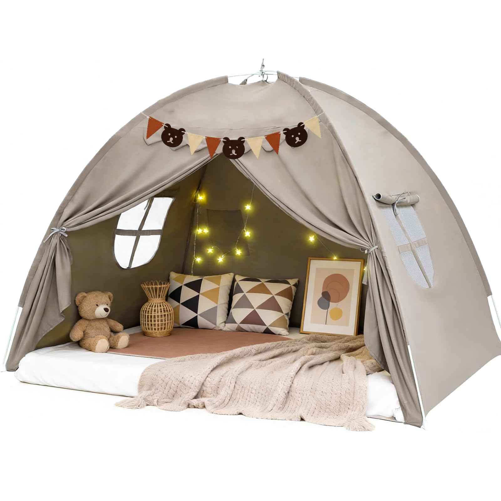 Kinderzelt Indoor Spielzelt Kinder Groß, 195 X 98 X 125 cm Kinderzimmer Spielhaus mit 2 Fenstern, Lichtkette & Fahnen, Maschinenwaschbar, für Spielzimmer, Party, Schneller Aufbau (Grau)
