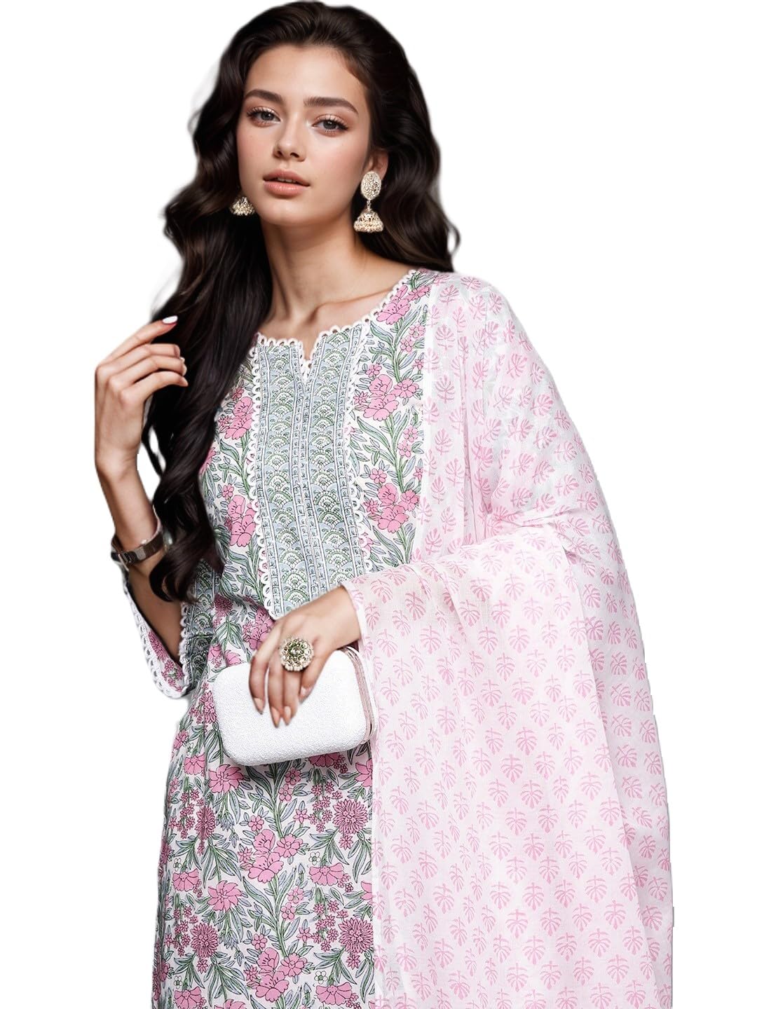 Arayna Women's Cotton Block Printed Floral Straight Kurta with Palazzo Pants and Dupatta Set