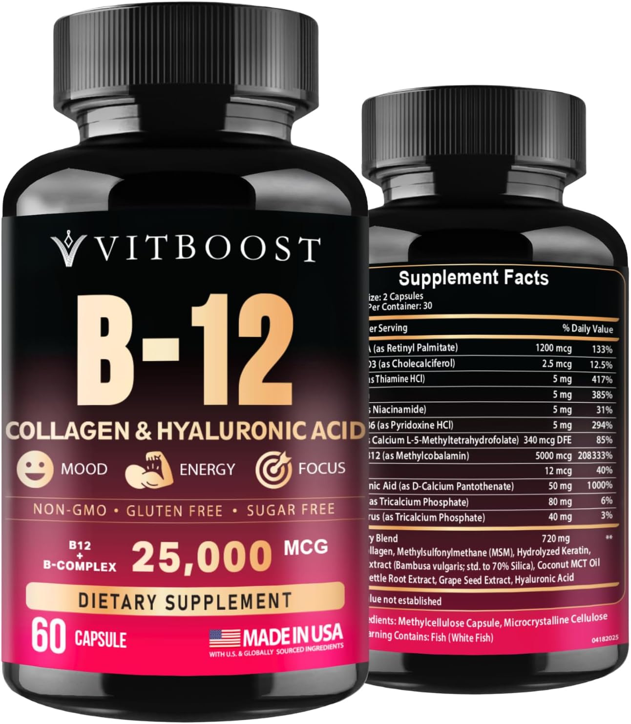 VITBOOST B12 Methylcobalamin with Hyaluronic Acid, Collagen, and Folate – 25000 mcg Supplement Enhance Absorption & Boost Energy | Gluten-Free, Made in USA, B1, B2, B3, B6, B7 Complex - Pack of 2
